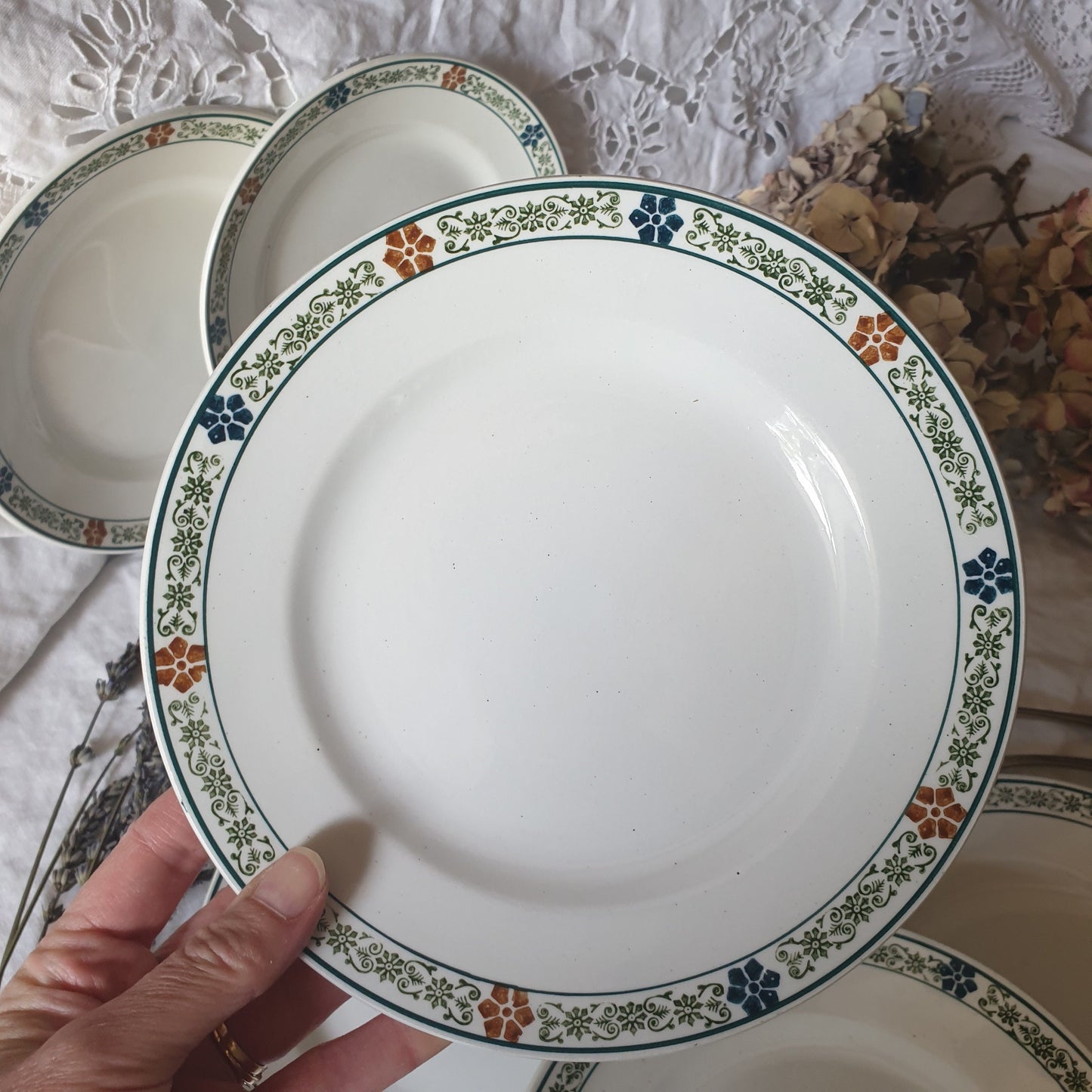 SET of 8 antique ironstone side plates, polychrome, green, blue, brown transferware ivory white, floral border, St Amand France c1910