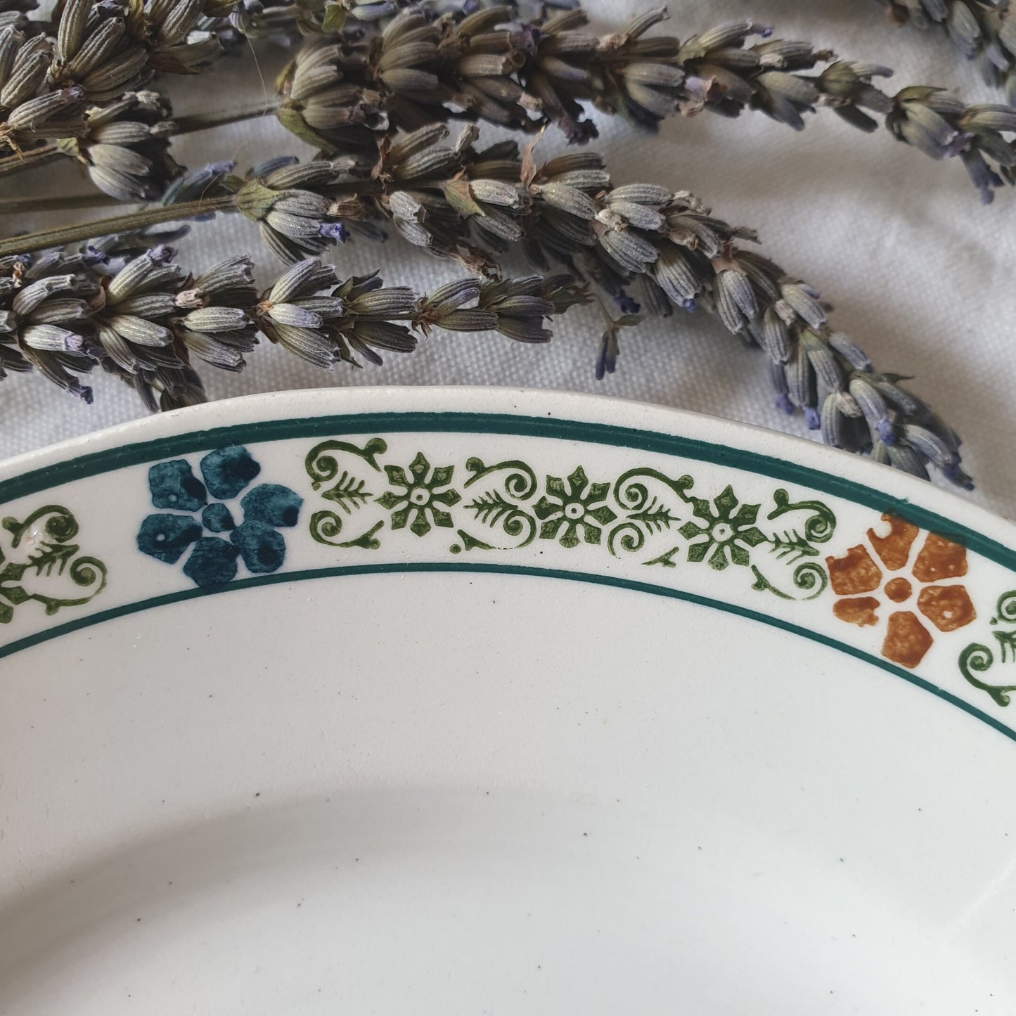 SET of 8 antique ironstone side plates, polychrome, green, blue, brown transferware ivory white, floral border, St Amand France c1910