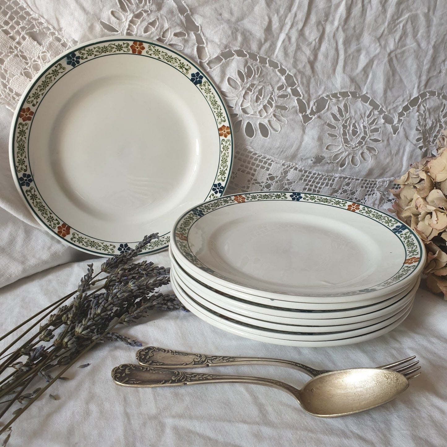 SET of 8 antique ironstone side plates, polychrome, green, blue, brown transferware ivory white, floral border, St Amand France c1910