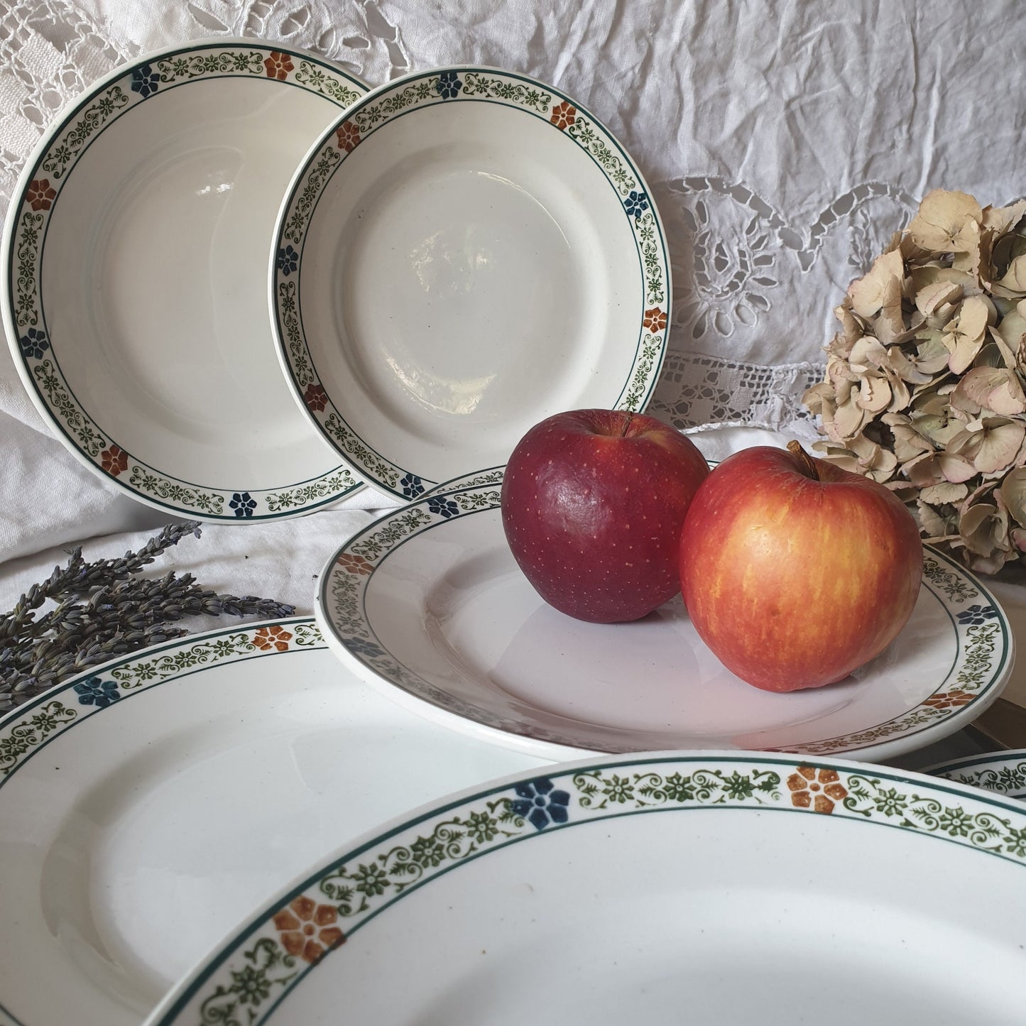 SET of 8 antique ironstone side plates, polychrome, green, blue, brown transferware ivory white, floral border, St Amand France c1910