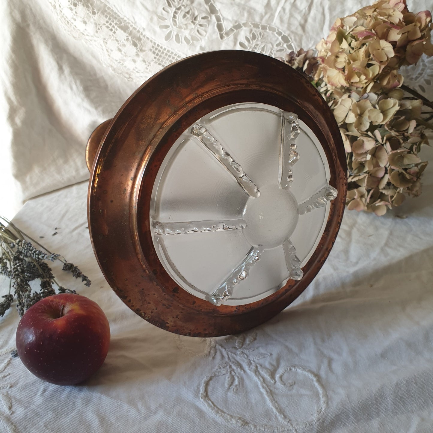 Art Deco EZAN Copper Pendant Light, Icicle Glass Shade, c1930