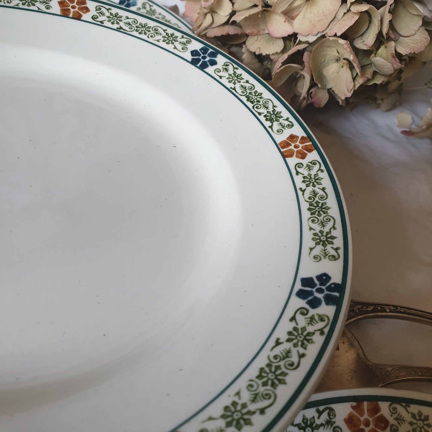 SET of 8 antique ironstone side plates, polychrome, green, blue, brown transferware ivory white, floral border, St Amand France c1910