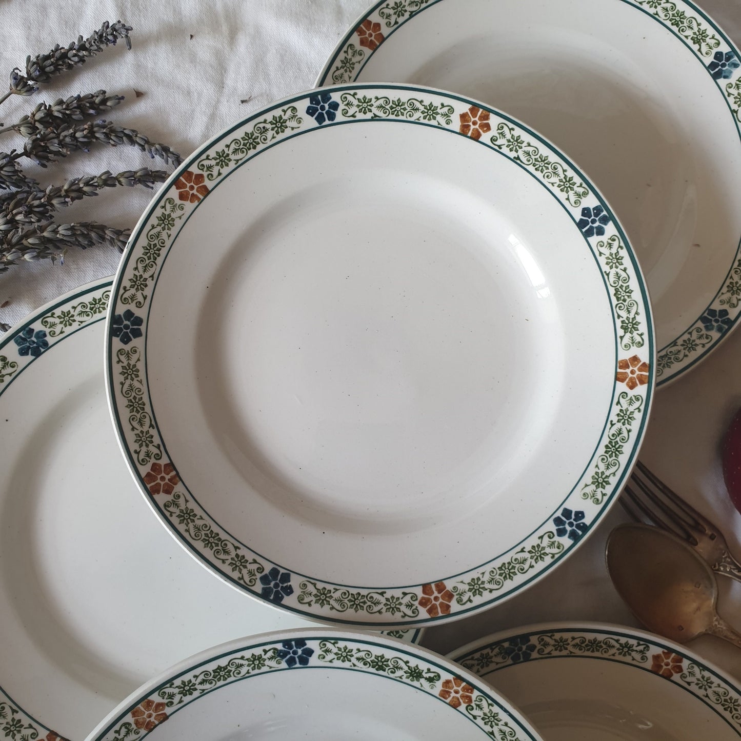 SET of 8 antique ironstone side plates, polychrome, green, blue, brown transferware ivory white, floral border, St Amand France c1910