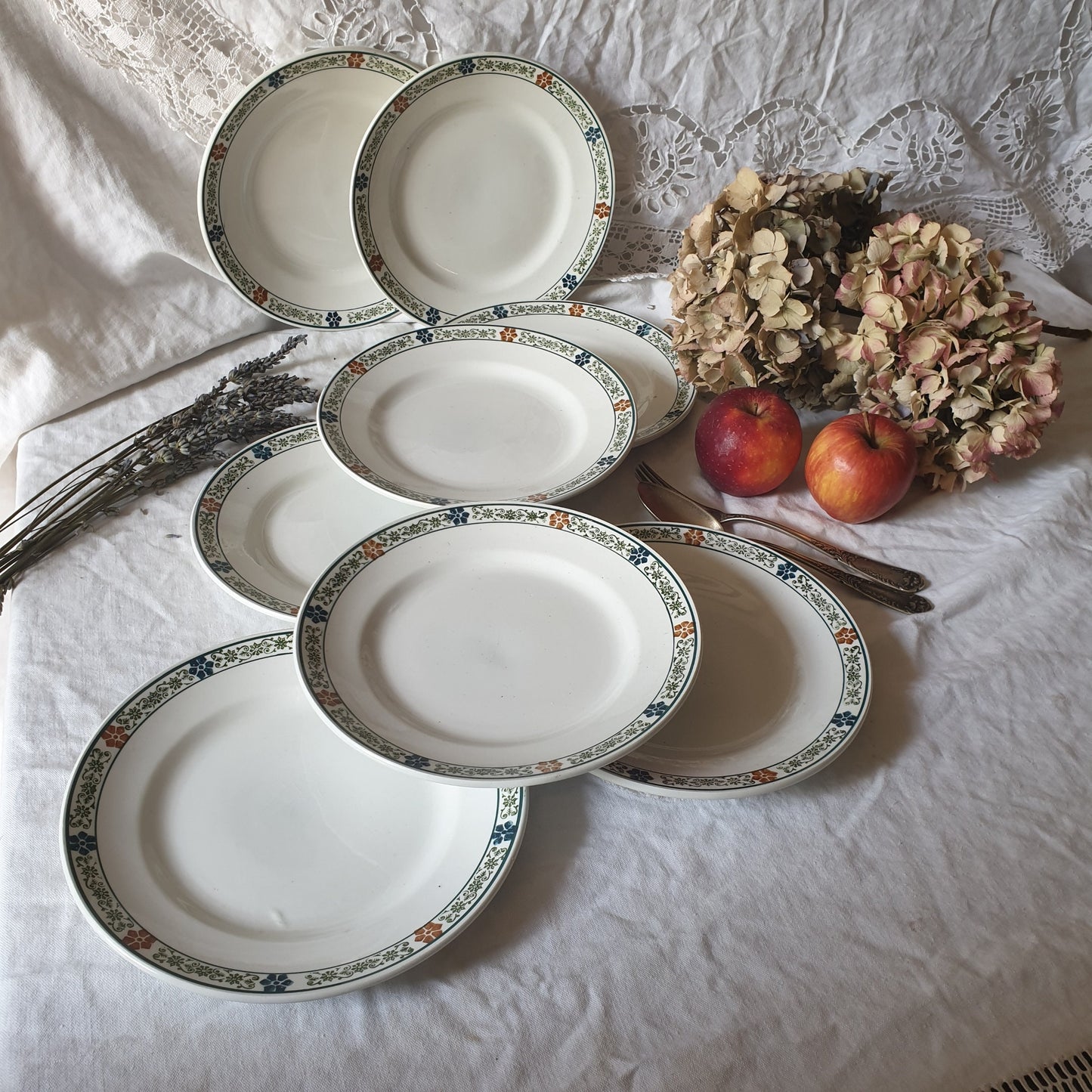 SET of 8 antique ironstone side plates, polychrome, green, blue, brown transferware ivory white, floral border, St Amand France c1910