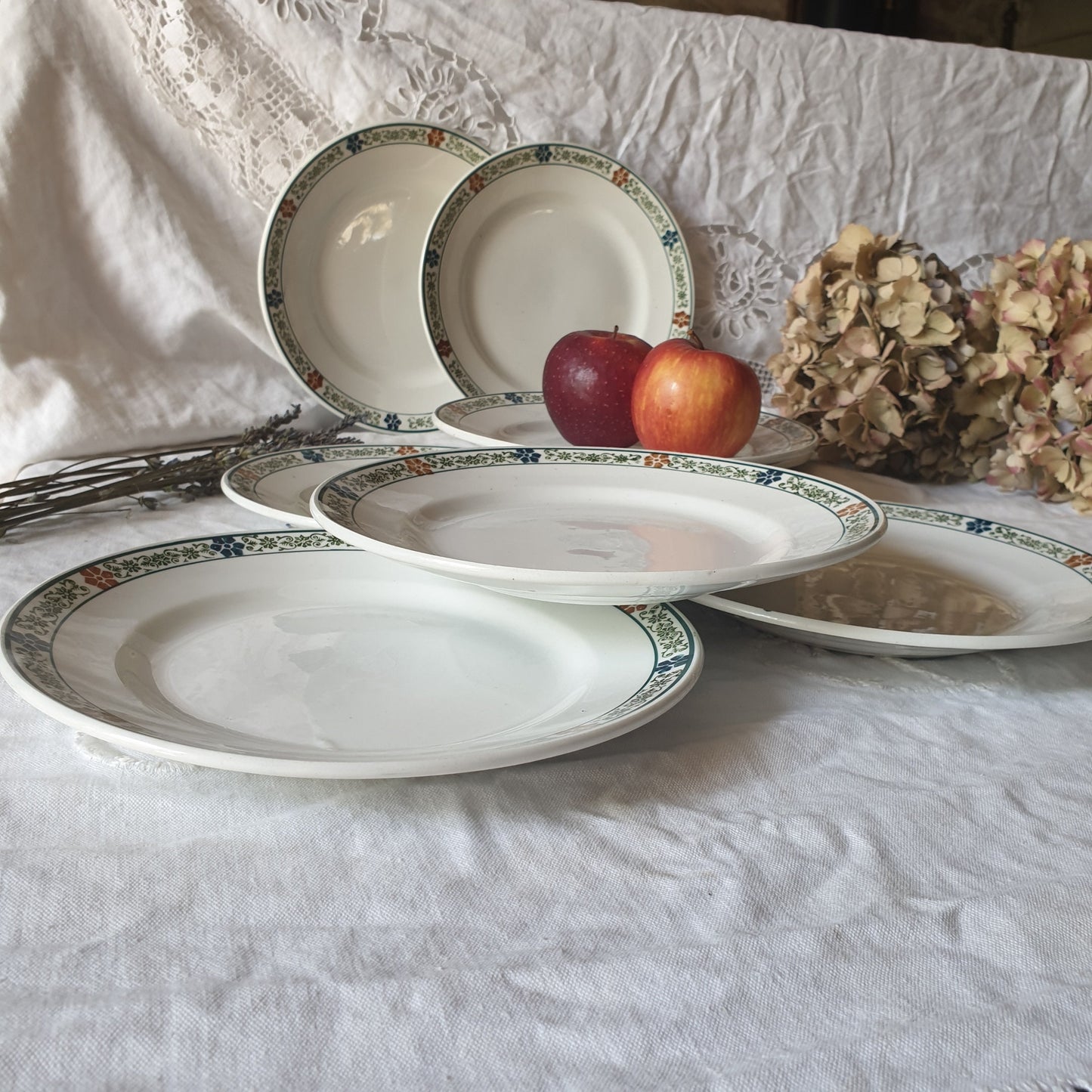 SET of 8 antique ironstone side plates, polychrome, green, blue, brown transferware ivory white, floral border, St Amand France c1910