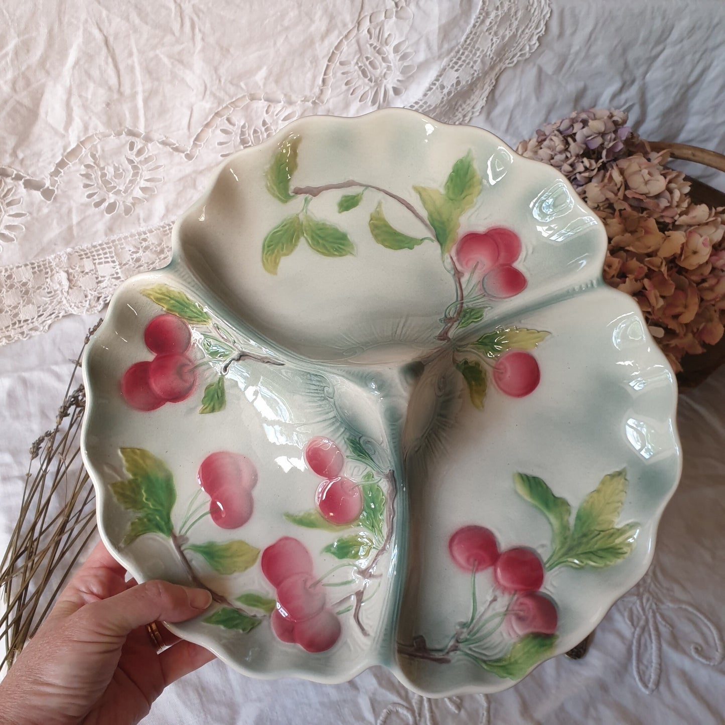 French antique barbotine majolica trefoil divided dish, pink cherries on duck egg green Art Nouveau design from Saint Clement France c1920