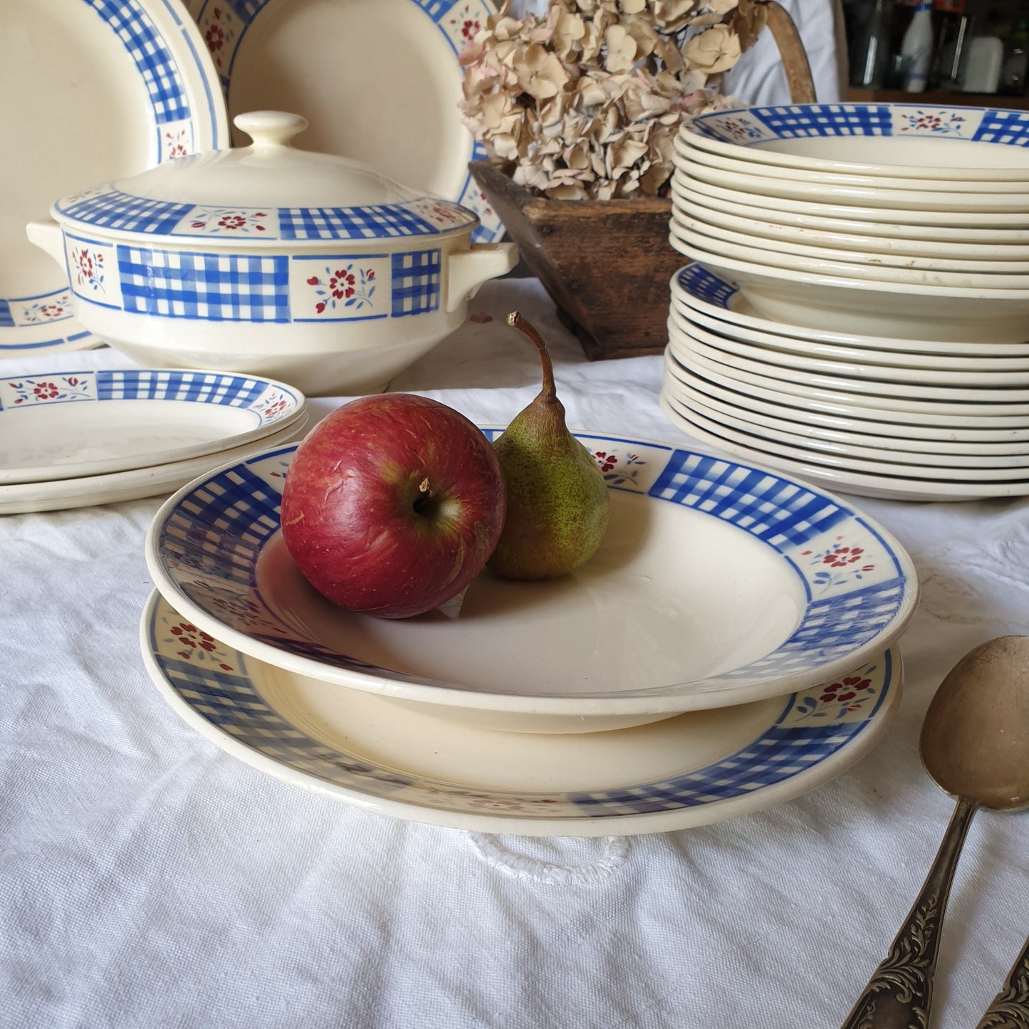 Vintage French Luneville Dinnerware, Blue White Check, 10-Places, 25 Piece Set