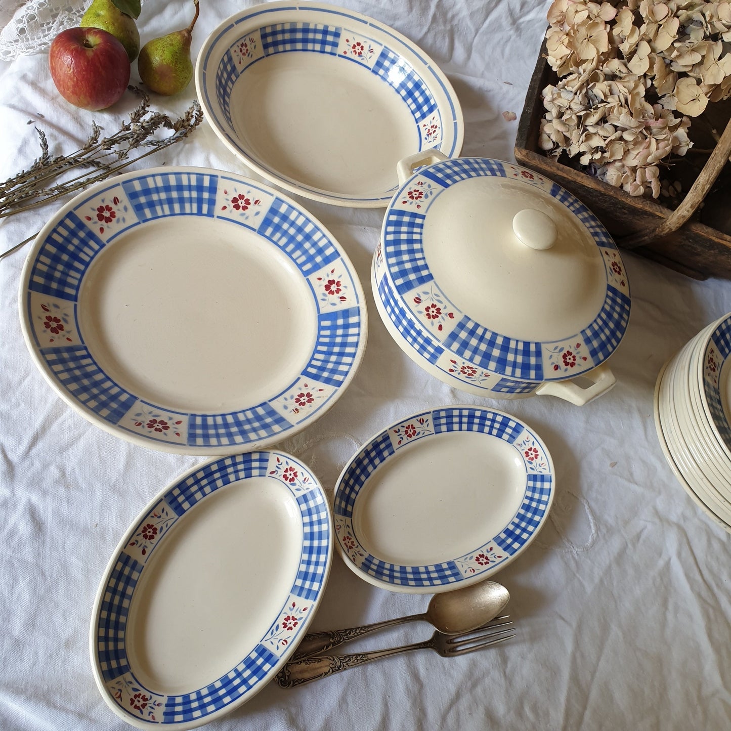 Vintage French Luneville Dinnerware, Blue White Check, 10-Places, 25 Piece Set