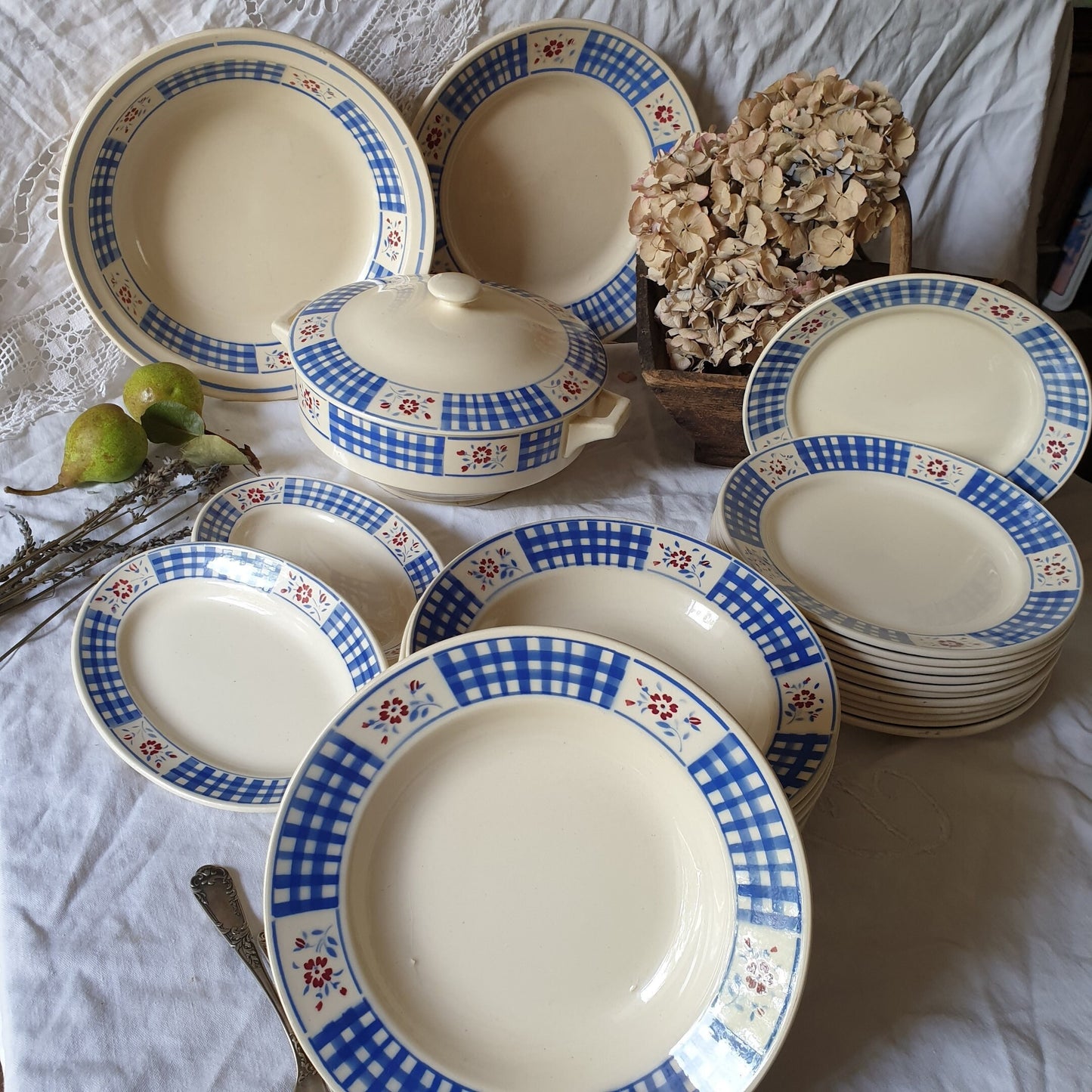 Vintage French Luneville Dinnerware, Blue White Check, 10-Places, 25 Piece Set