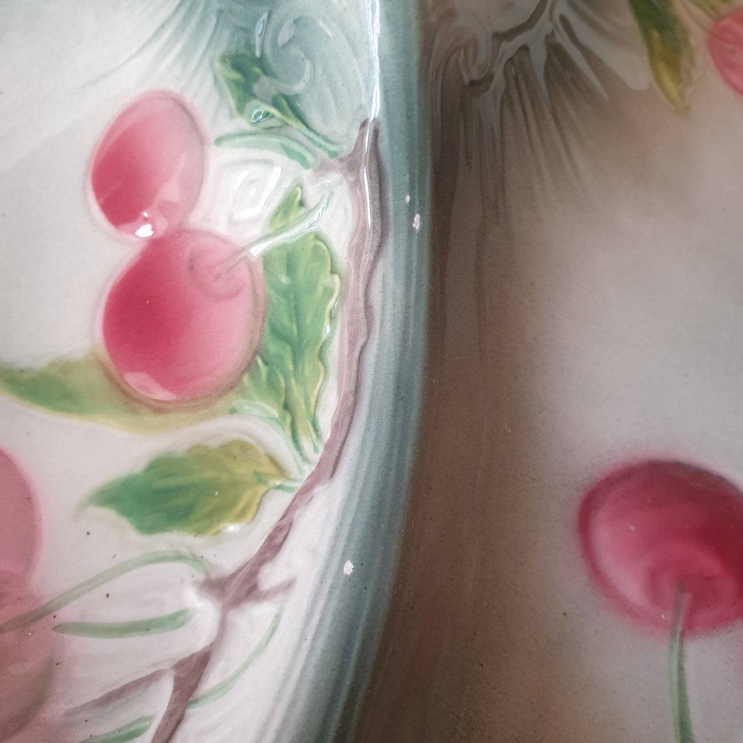 French antique barbotine majolica trefoil divided dish, pink cherries on duck egg green Art Nouveau design from Saint Clement France c1920