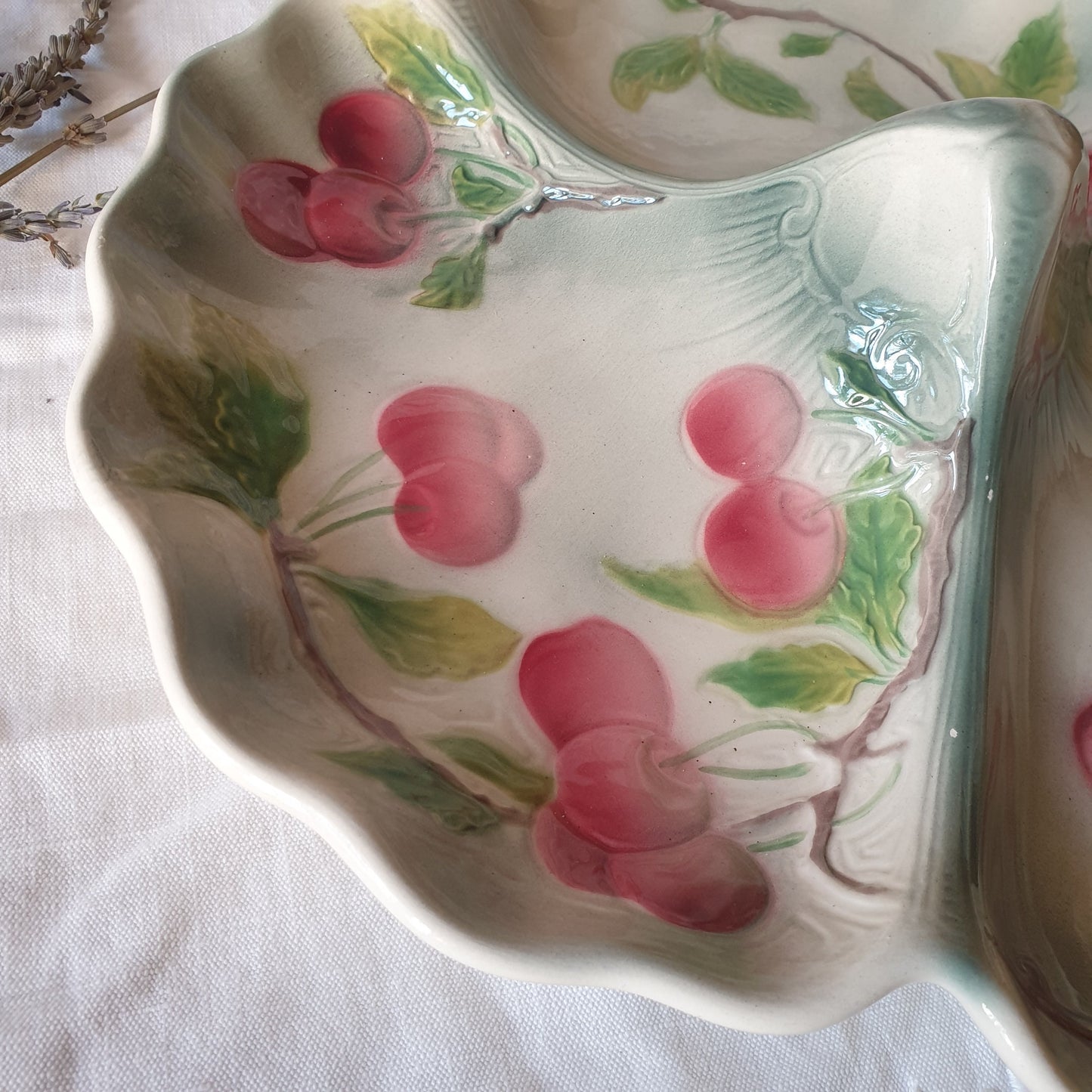 French antique barbotine majolica trefoil divided dish, pink cherries on duck egg green Art Nouveau design from Saint Clement France c1920