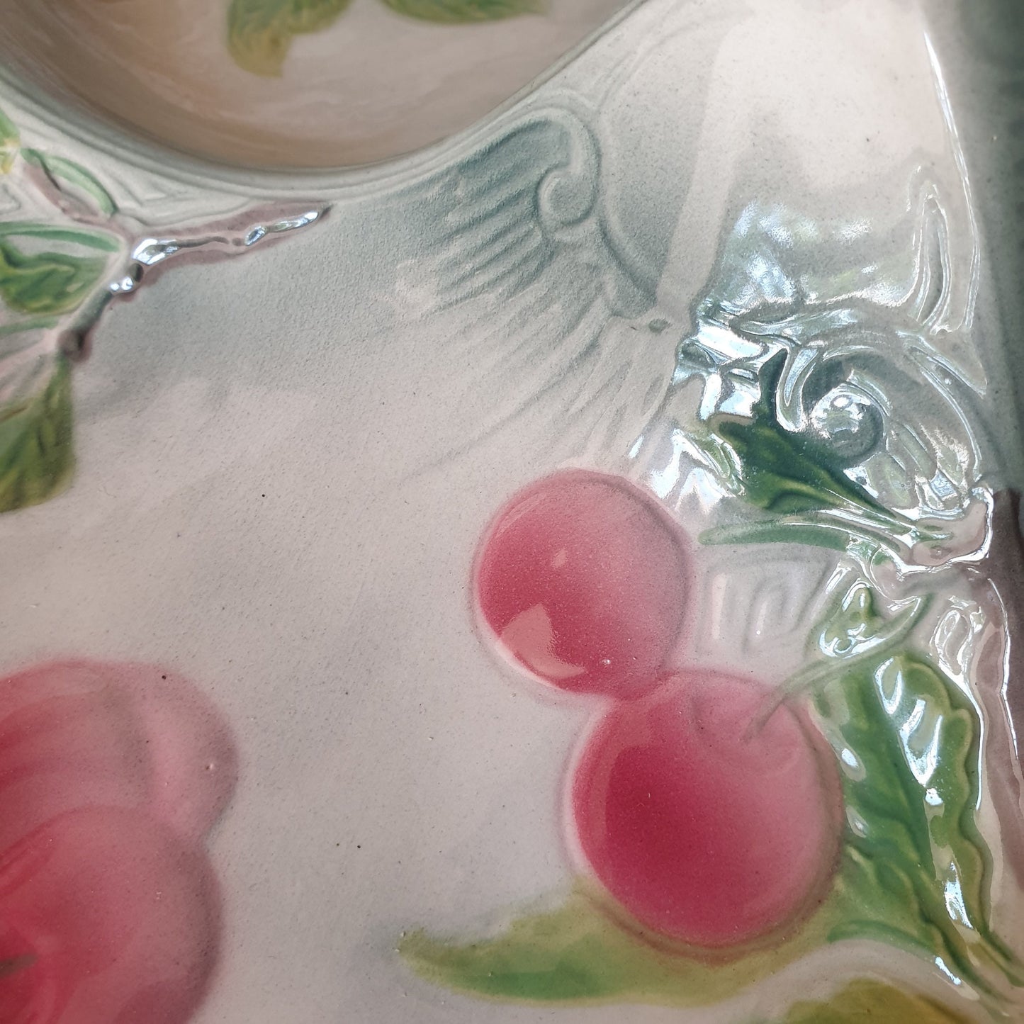 French antique barbotine majolica trefoil divided dish, pink cherries on duck egg green Art Nouveau design from Saint Clement France c1920