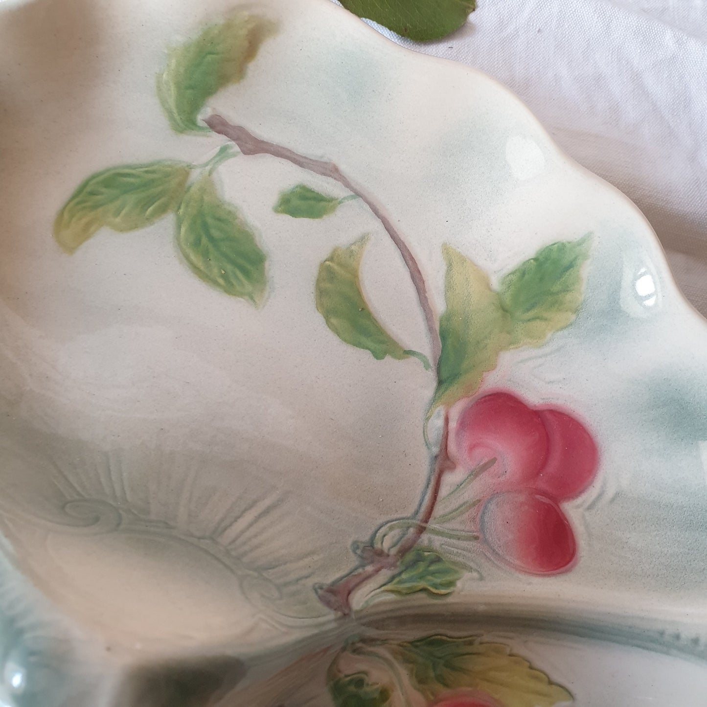 French antique barbotine majolica trefoil divided dish, pink cherries on duck egg green Art Nouveau design from Saint Clement France c1920