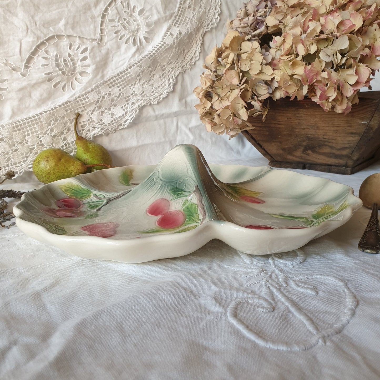 French antique barbotine majolica trefoil divided dish, pink cherries on duck egg green Art Nouveau design from Saint Clement France c1920