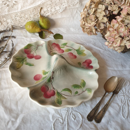 French antique barbotine majolica trefoil divided dish, pink cherries on duck egg green Art Nouveau design from Saint Clement France c1920