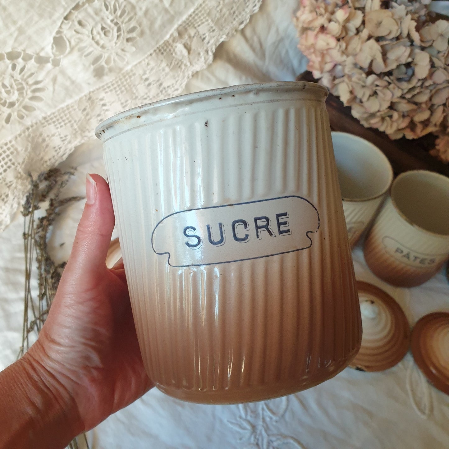 Antique French Enamel Kitchen Canisters, BB Torseine, Set of 6