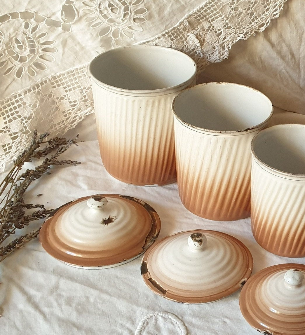 Antique French Enamel Kitchen Canisters, BB Torseine, Set of 6