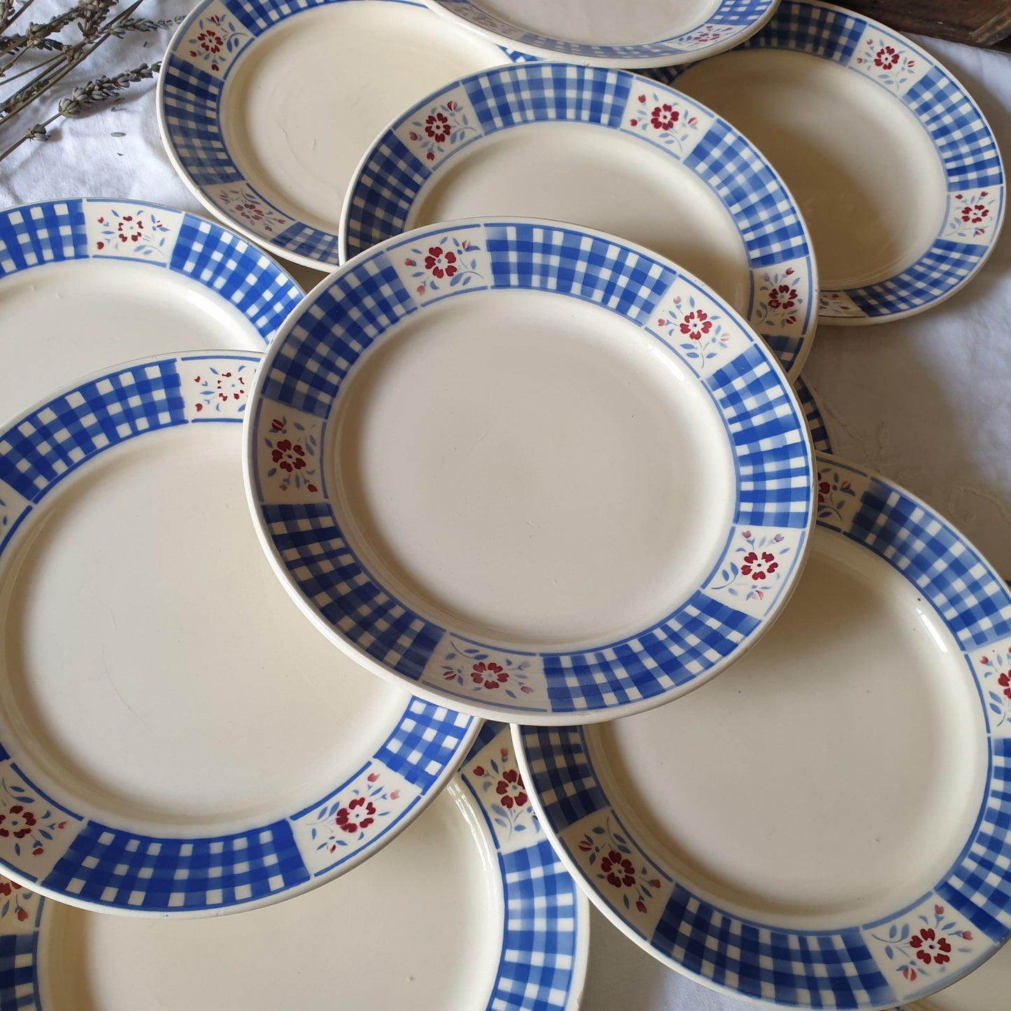 Vintage French Luneville Dinnerware, Blue White Check, 10-Places, 25 Piece Set
