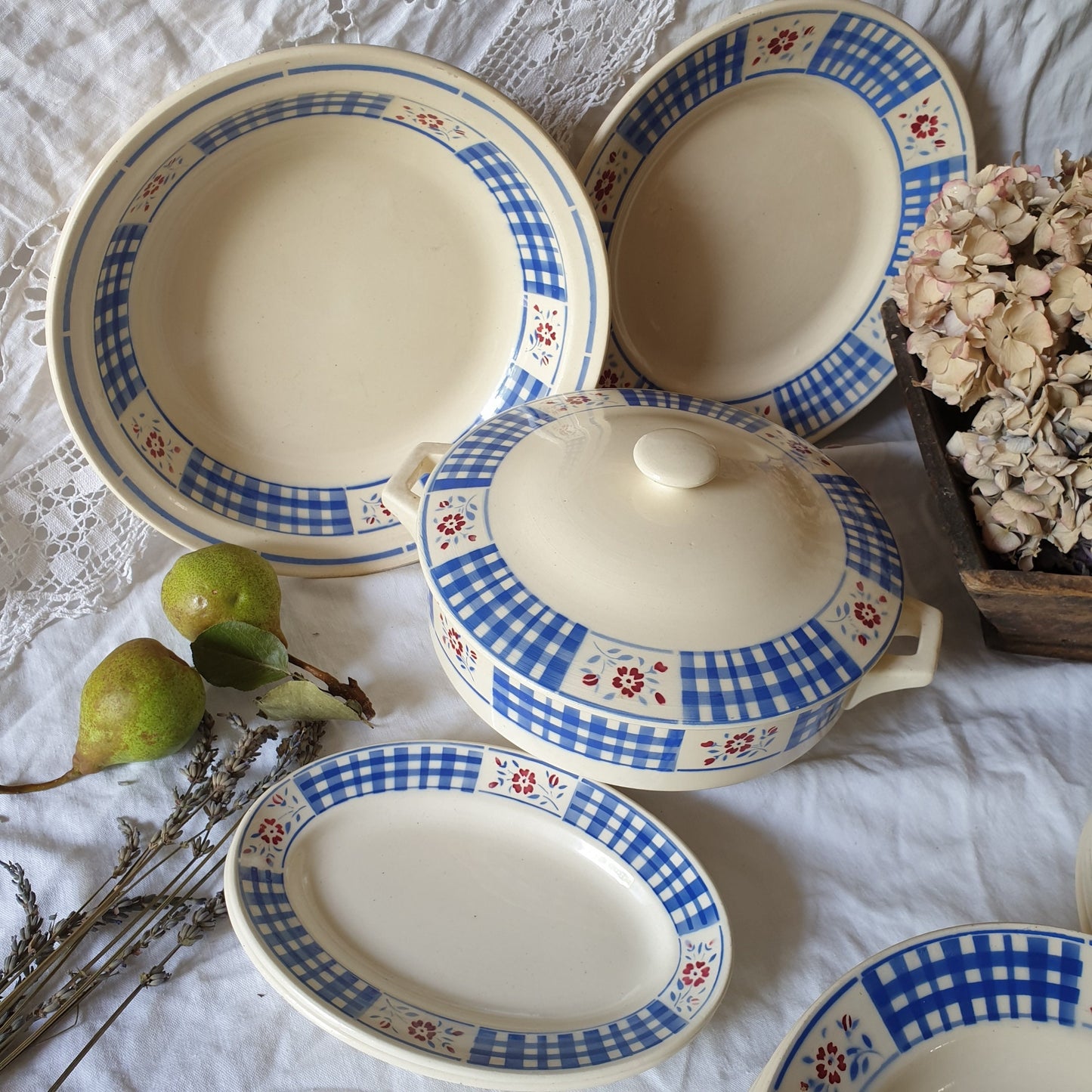 Vintage French Luneville Dinnerware, Blue White Check, 10-Places, 25 Piece Set