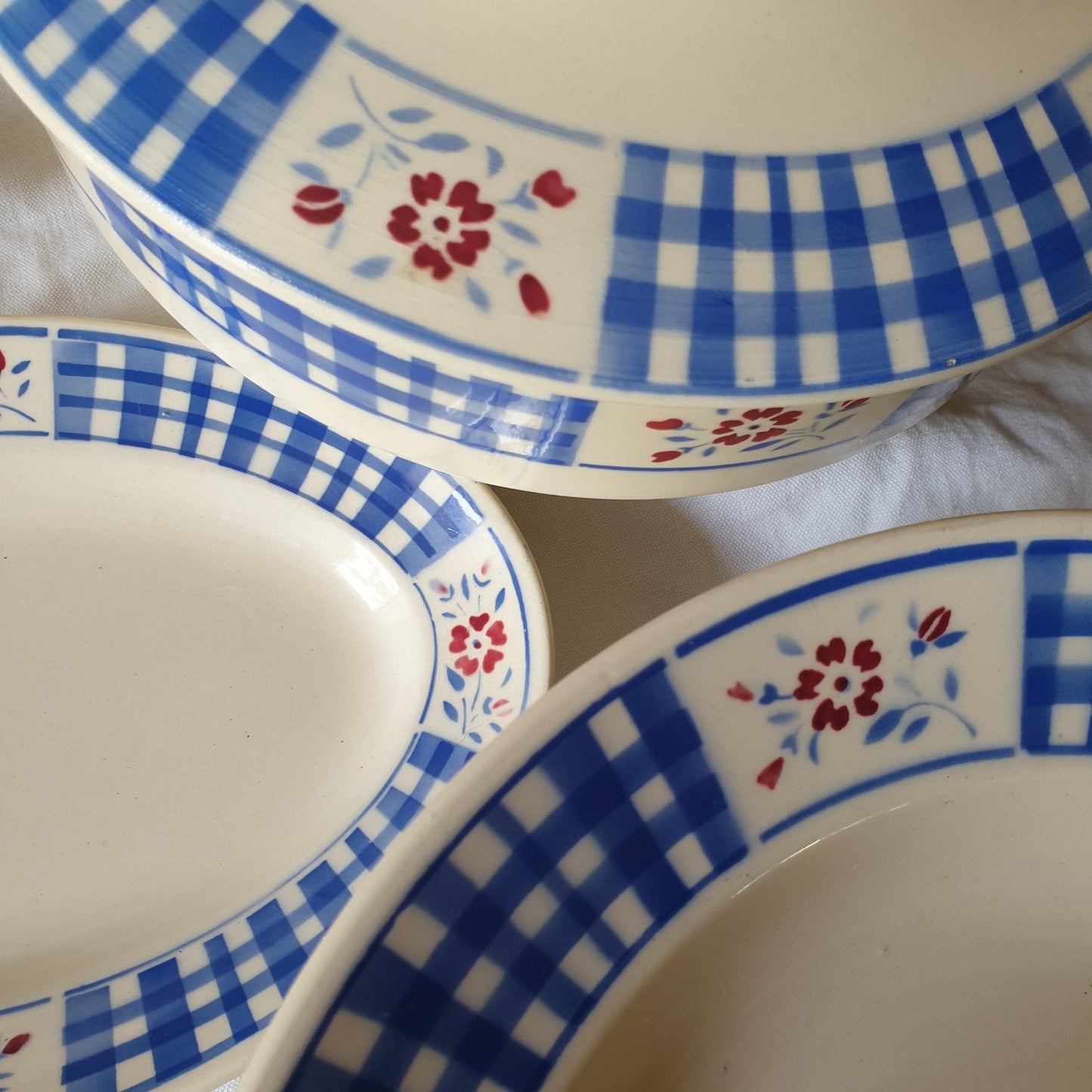 Vintage French Luneville Dinnerware, Blue White Check, 10-Places, 25 Piece Set