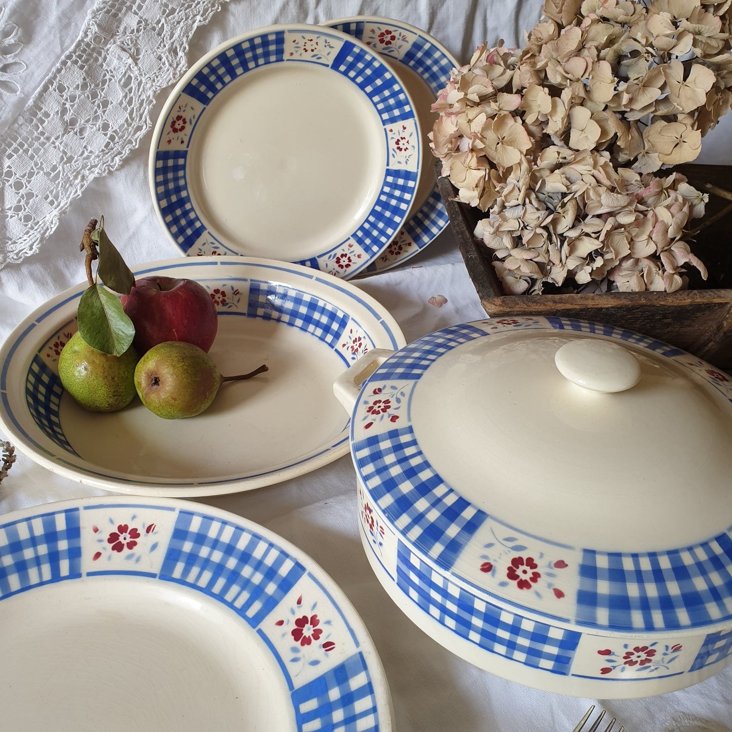 Vintage French Luneville Dinnerware, Blue White Check, 10-Places, 25 Piece Set