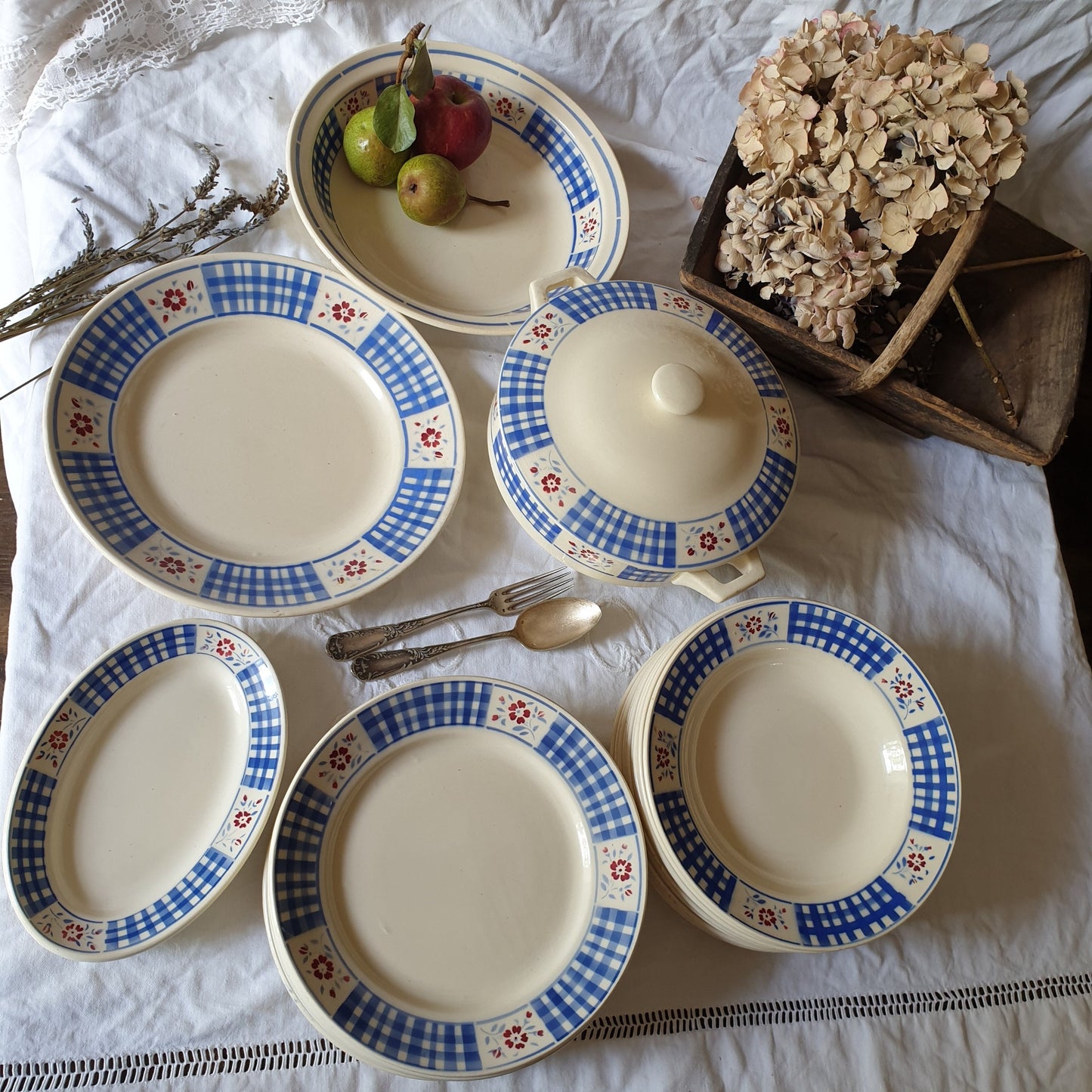 Vintage French Luneville Dinnerware, Blue White Check, 10-Places, 25 Piece Set