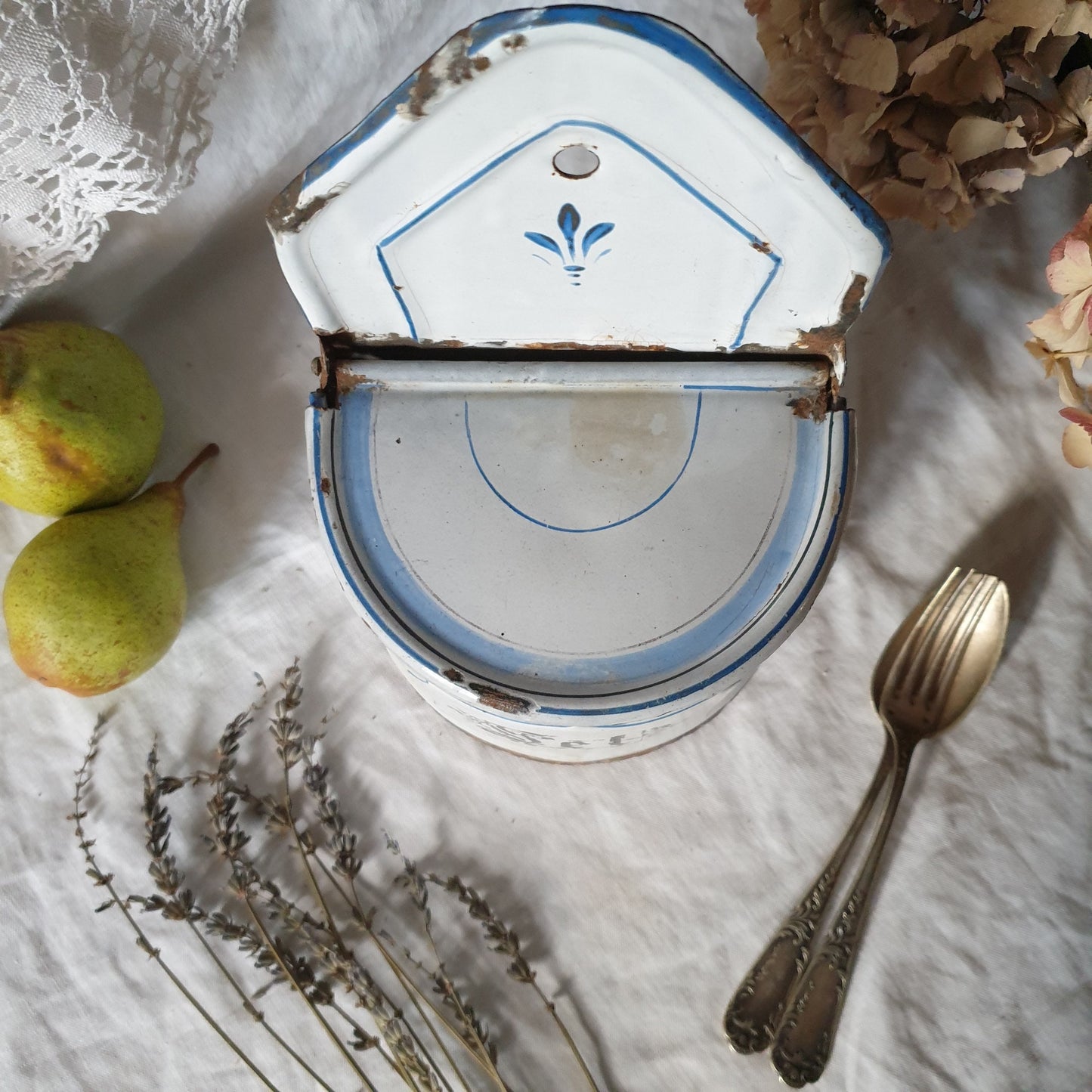 Large French enamel salt box, blue and white with 'Sel' in gothic script  c1920 shabby farmhouse vintage, French country, cottage kitchen
