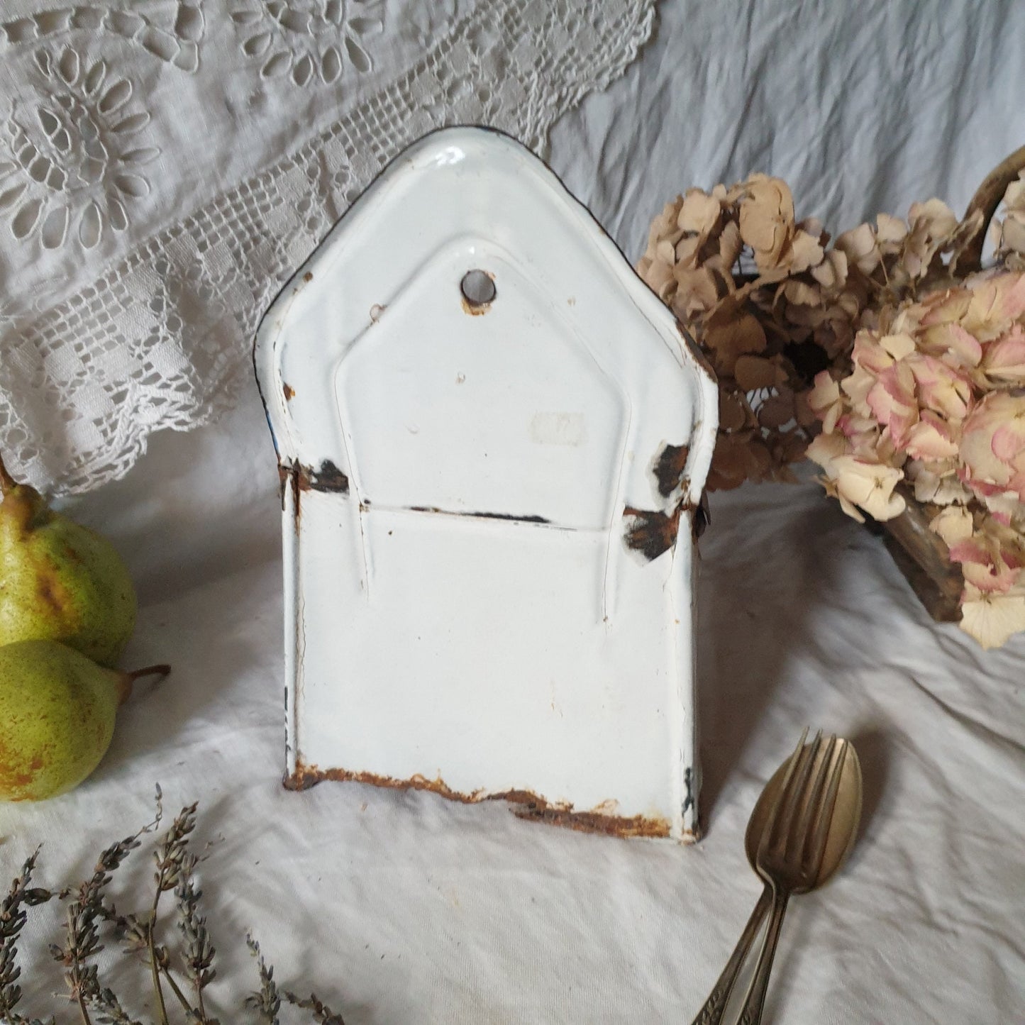 Large French enamel salt box, blue and white with 'Sel' in gothic script  c1920 shabby farmhouse vintage, French country, cottage kitchen