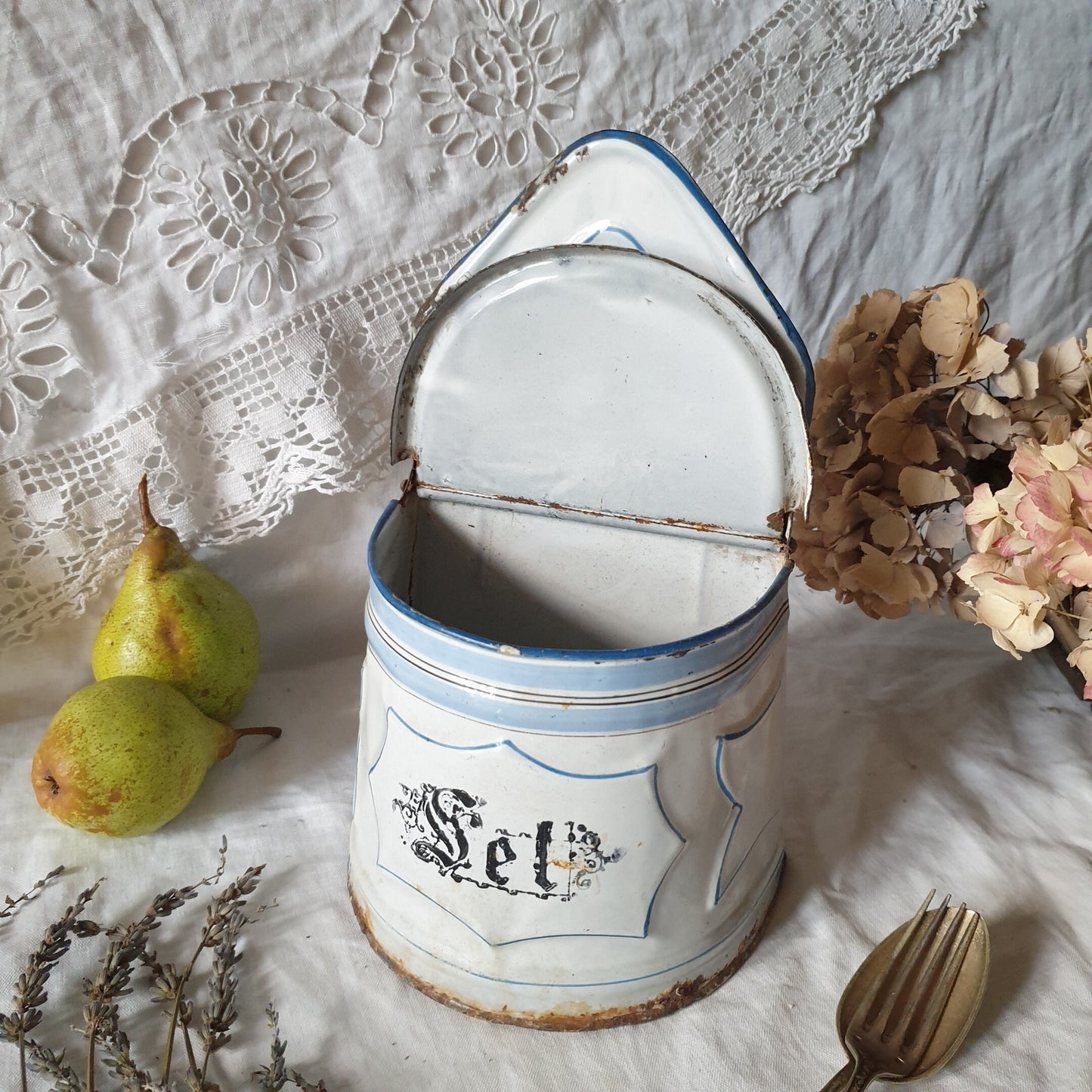 Large French enamel salt box, blue and white with 'Sel' in gothic script  c1920 shabby farmhouse vintage, French country, cottage kitchen