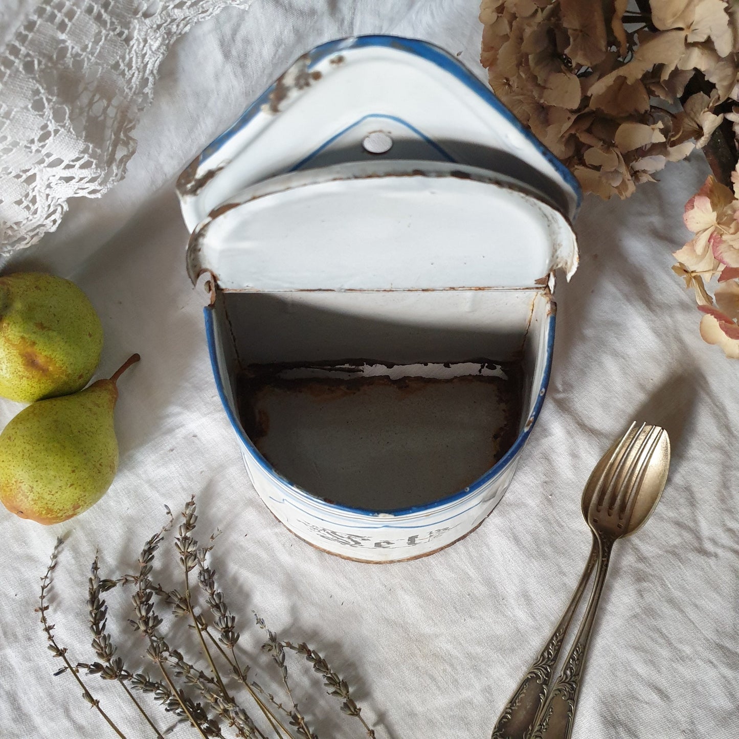 Large French enamel salt box, blue and white with 'Sel' in gothic script  c1920 shabby farmhouse vintage, French country, cottage kitchen