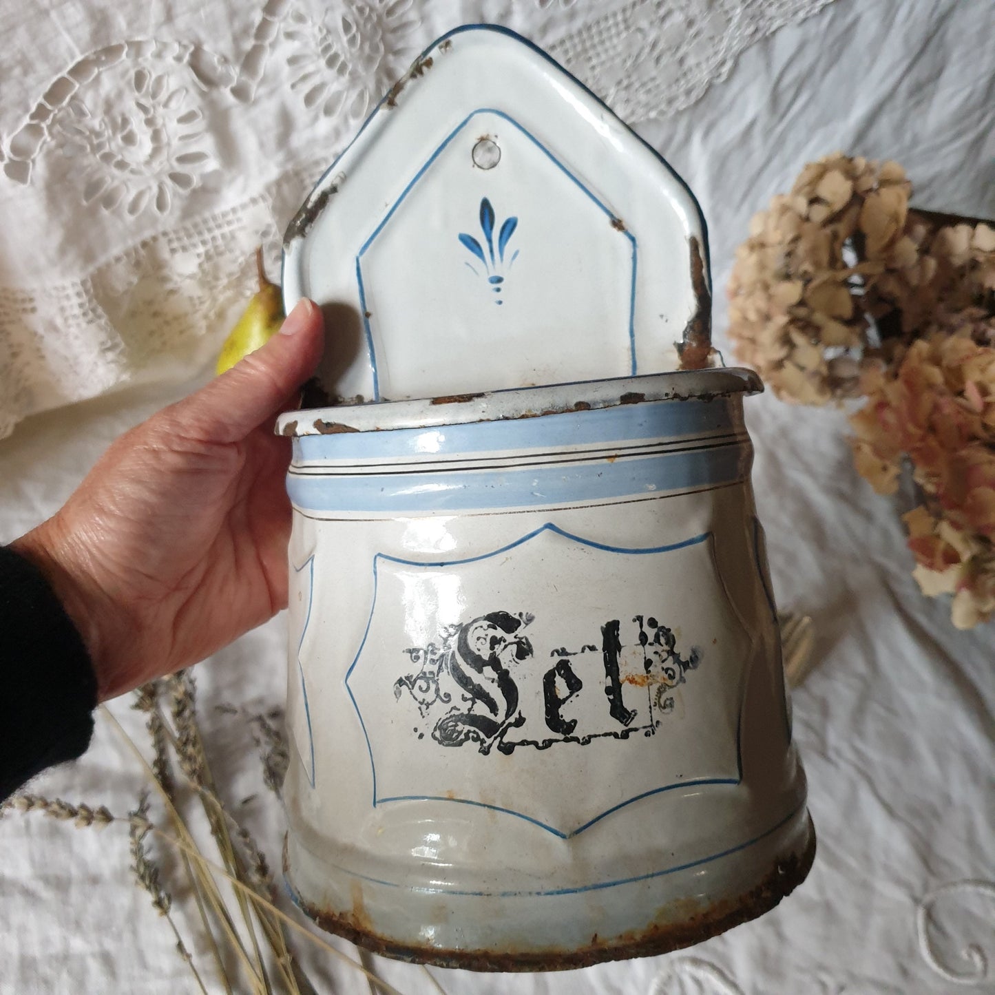 Large French enamel salt box, blue and white with 'Sel' in gothic script  c1920 shabby farmhouse vintage, French country, cottage kitchen