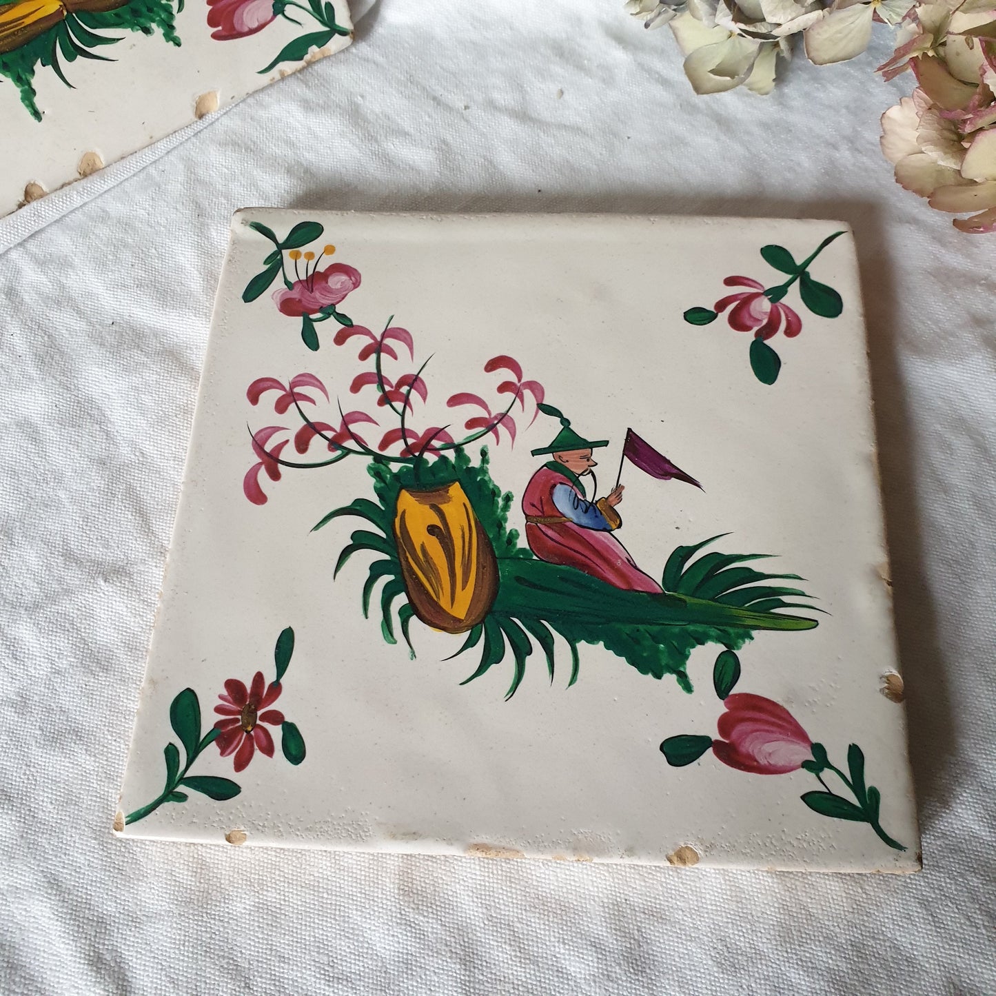 Antique French Chinoiserie Earthenware Tiles, Hand Painted Pair, c1900
