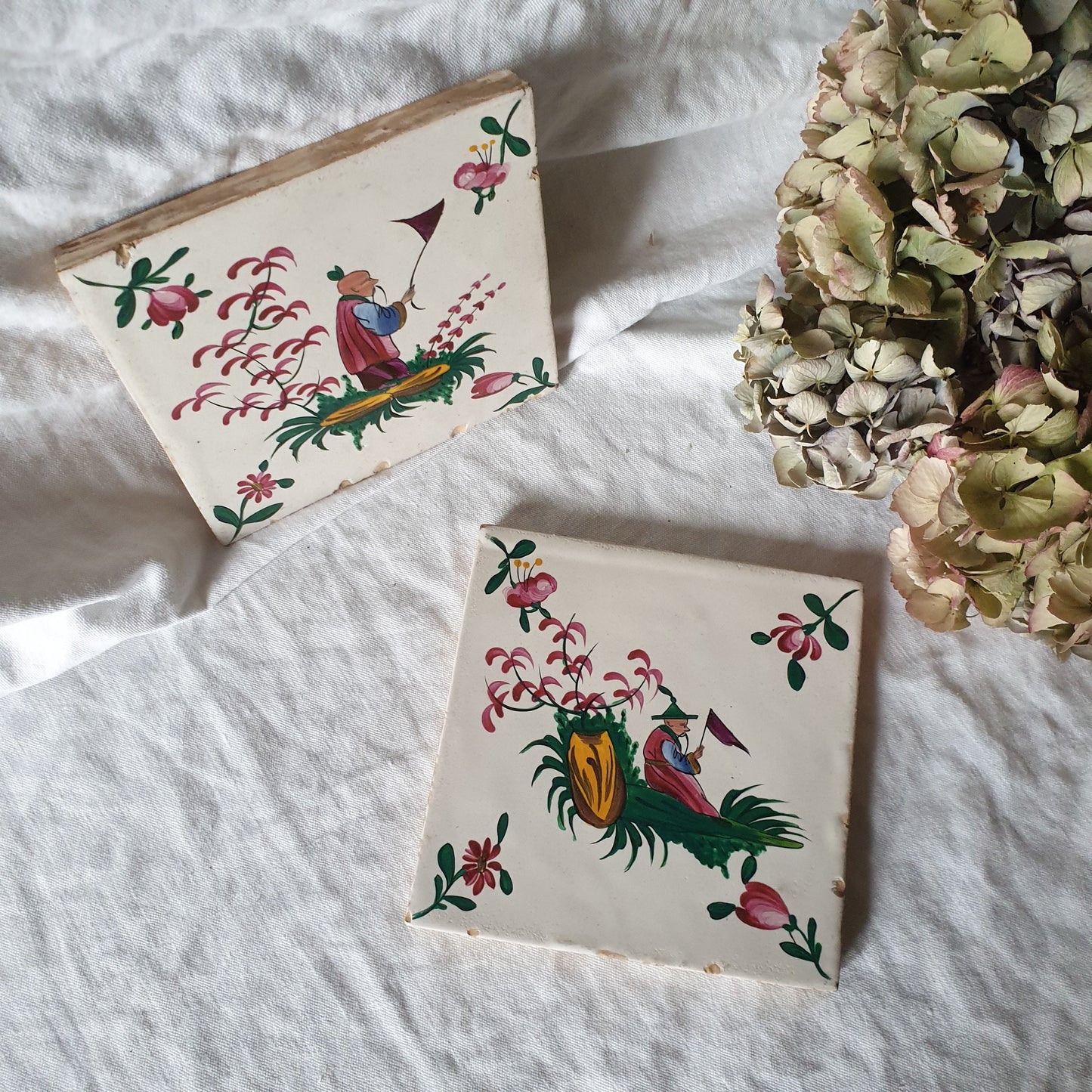 Antique French Chinoiserie Earthenware Tiles, Hand Painted Pair, c1900