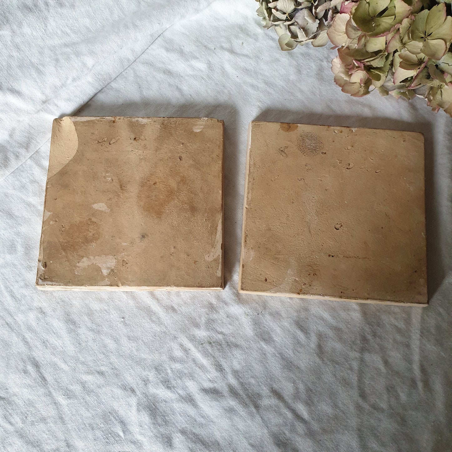 Antique French Chinoiserie Earthenware Tiles, Hand Painted Pair, c1900
