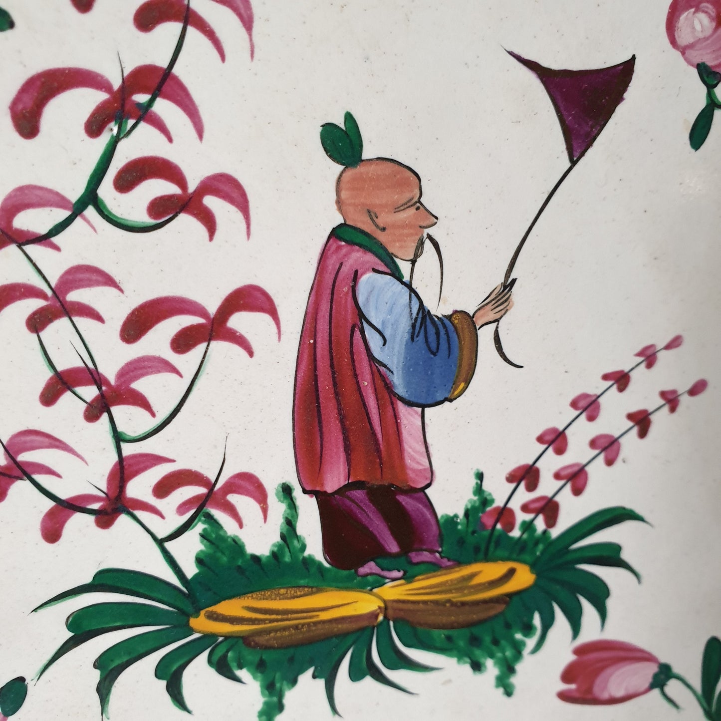 Antique French Chinoiserie Earthenware Tiles, Hand Painted Pair, c1900