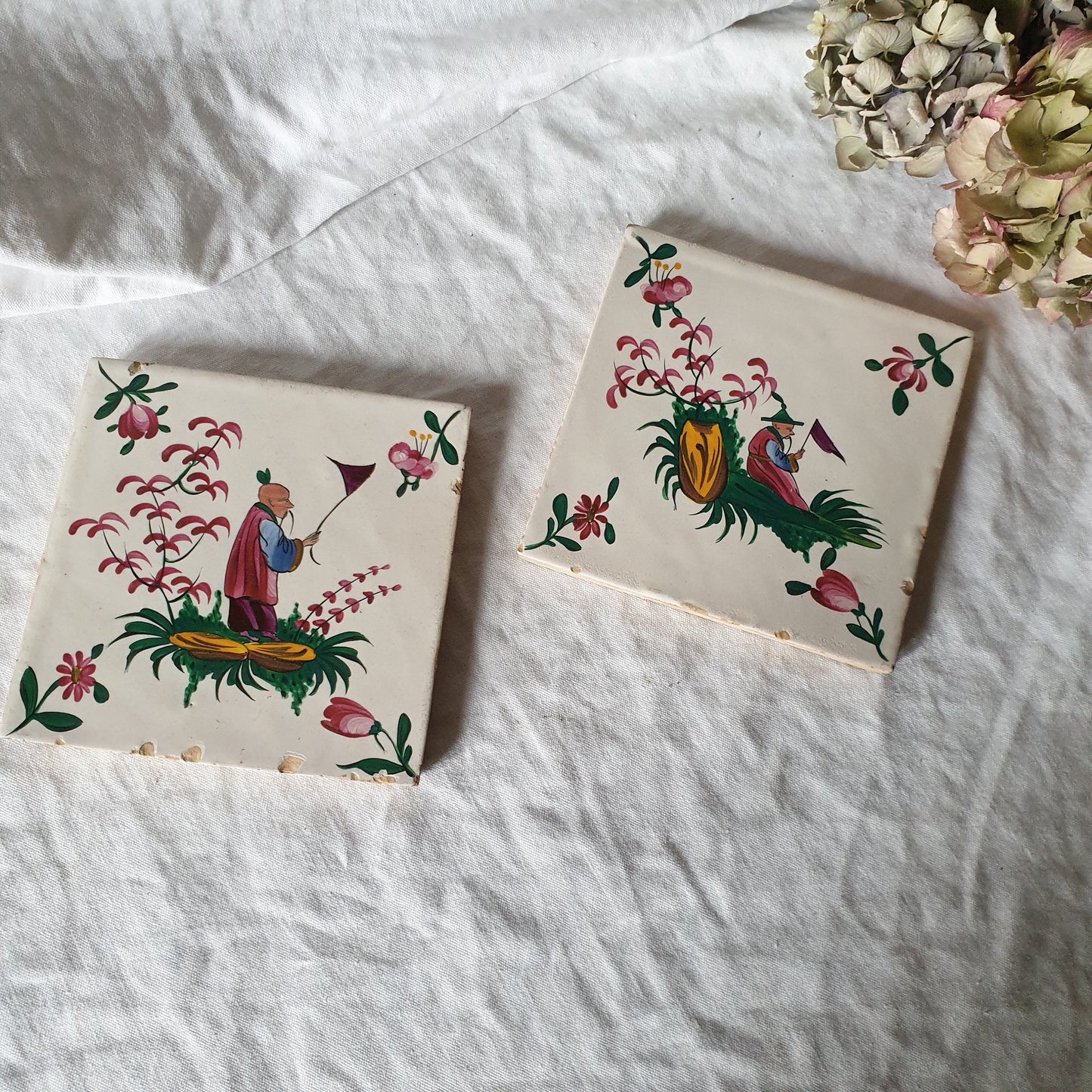 Antique French Chinoiserie Earthenware Tiles, Hand Painted Pair, c1900