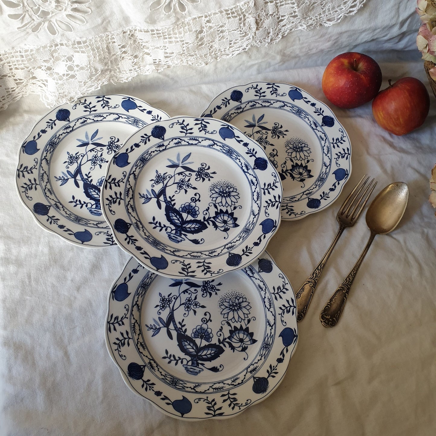 Set of 4 Royal Boch vintage 'blue onion' ironstone side plates in blue and white, by Royal Boch