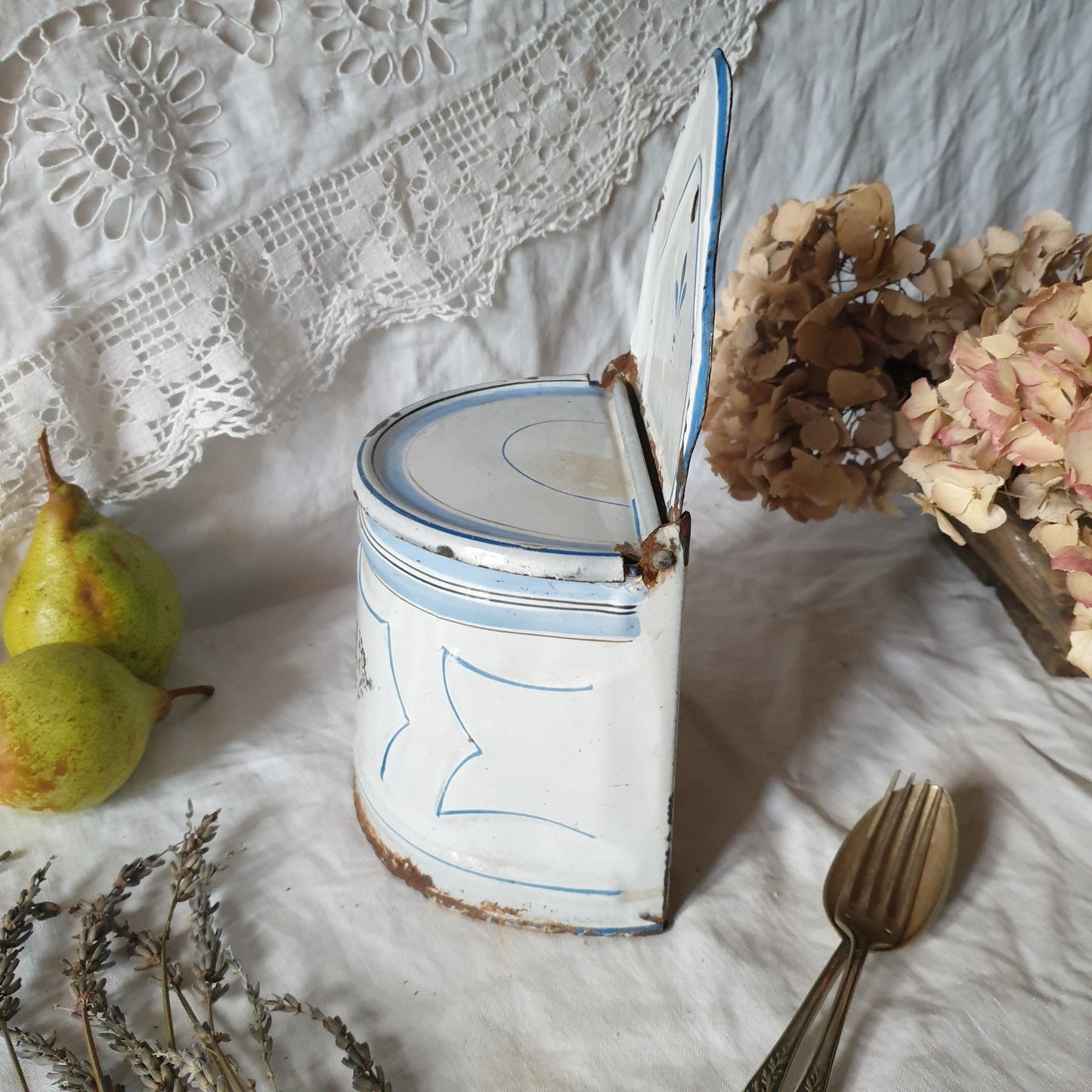 Large French enamel salt box, blue and white with 'Sel' in gothic script  c1920 shabby farmhouse vintage, French country, cottage kitchen