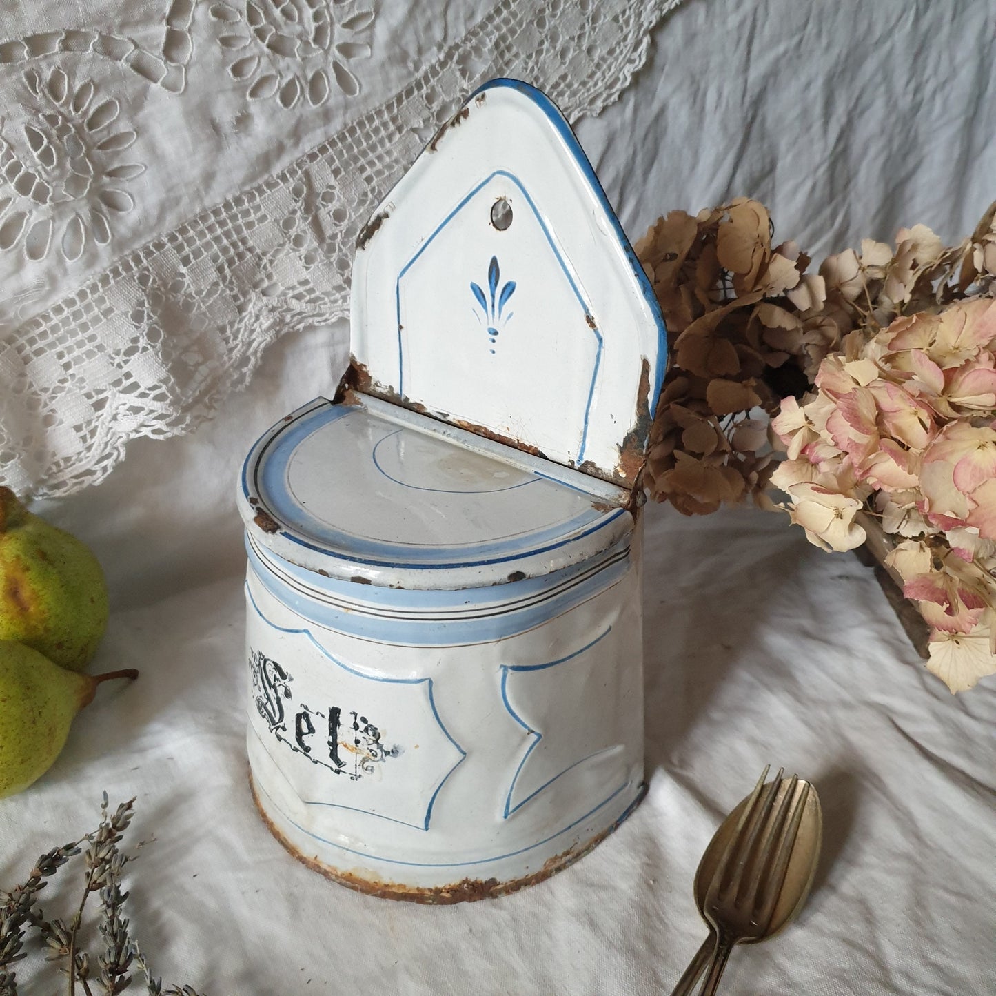 Large French enamel salt box, blue and white with 'Sel' in gothic script  c1920 shabby farmhouse vintage, French country, cottage kitchen
