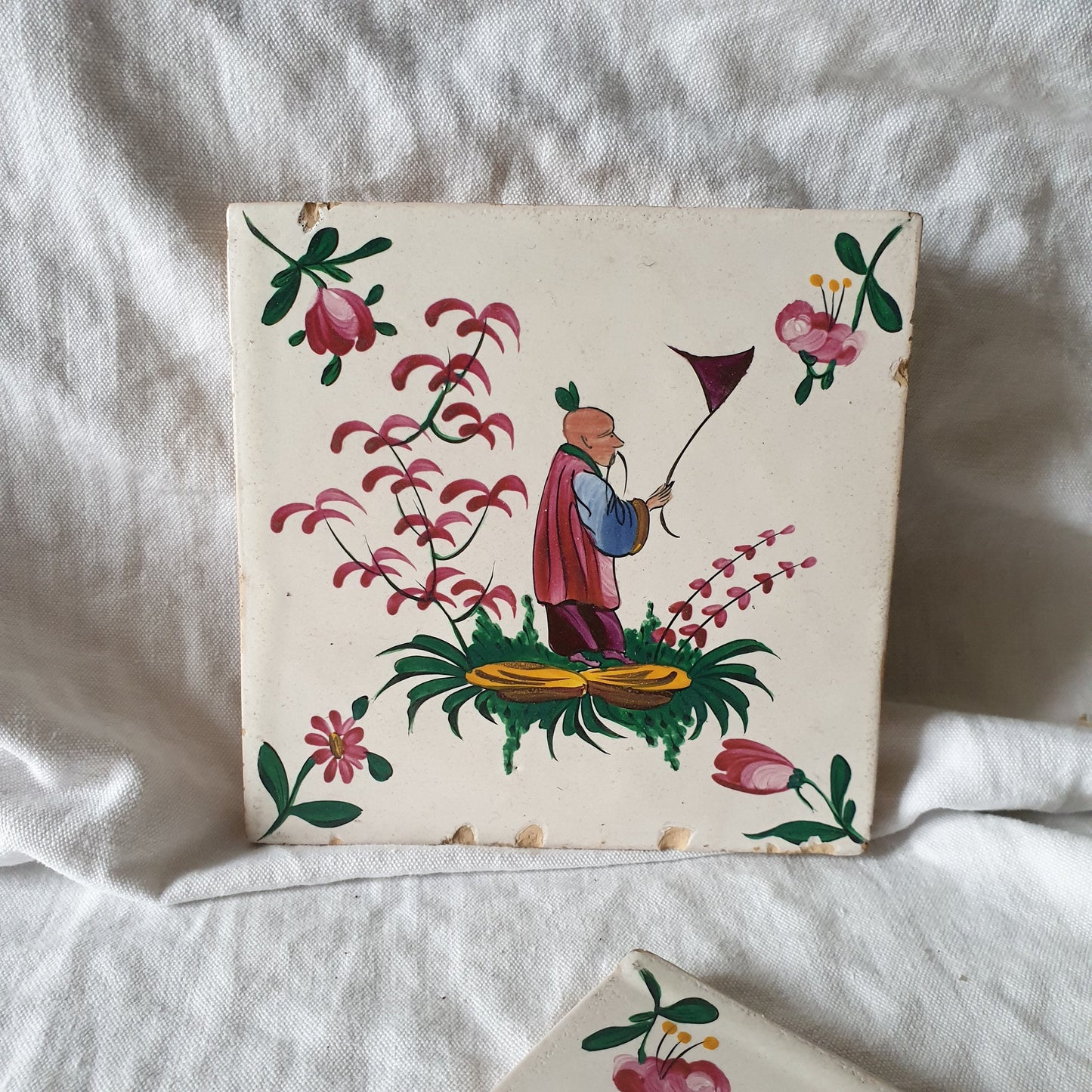 Antique French Chinoiserie Earthenware Tiles, Hand Painted Pair, c1900