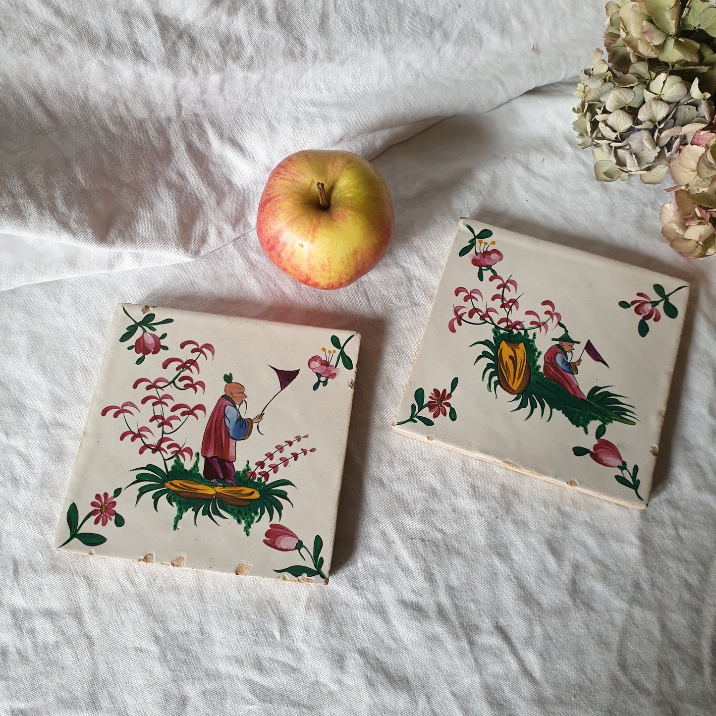 Antique French Chinoiserie Earthenware Tiles, Hand Painted Pair, c1900