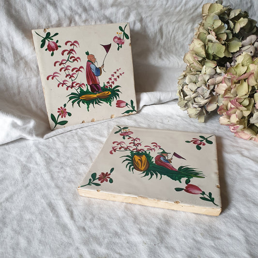 Antique French Chinoiserie Earthenware Tiles, Hand Painted Pair, c1900