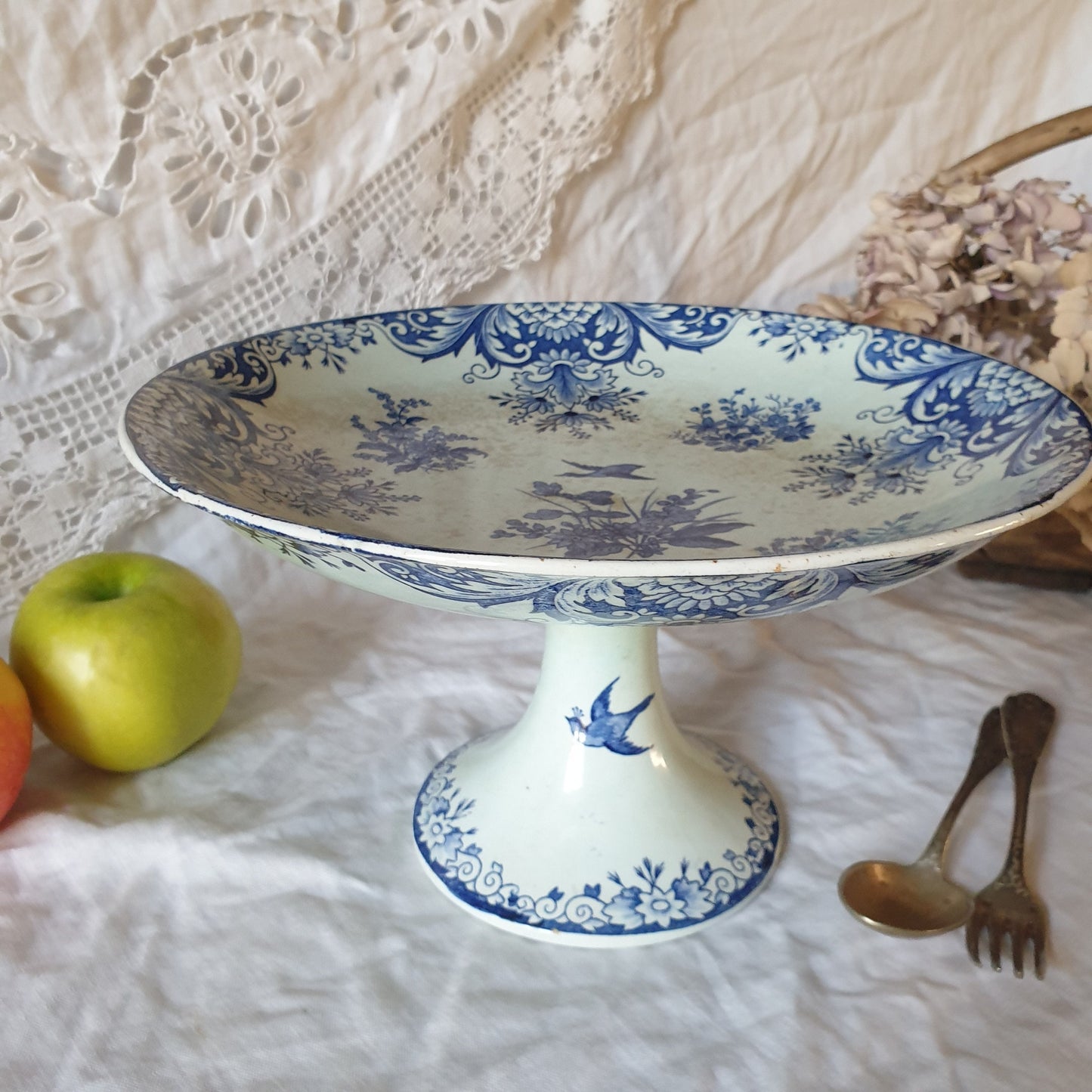 Antique Longwy Delft Cake Stand, Shabby French Blue Transferware Compotier, c1886