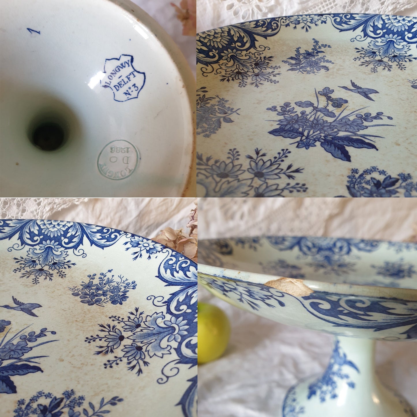 French antique shabby tea stained cake stand compotier, Longwy 'Delft' pattern w birds, floral blue transferware, c1886 Aesthetic Movement