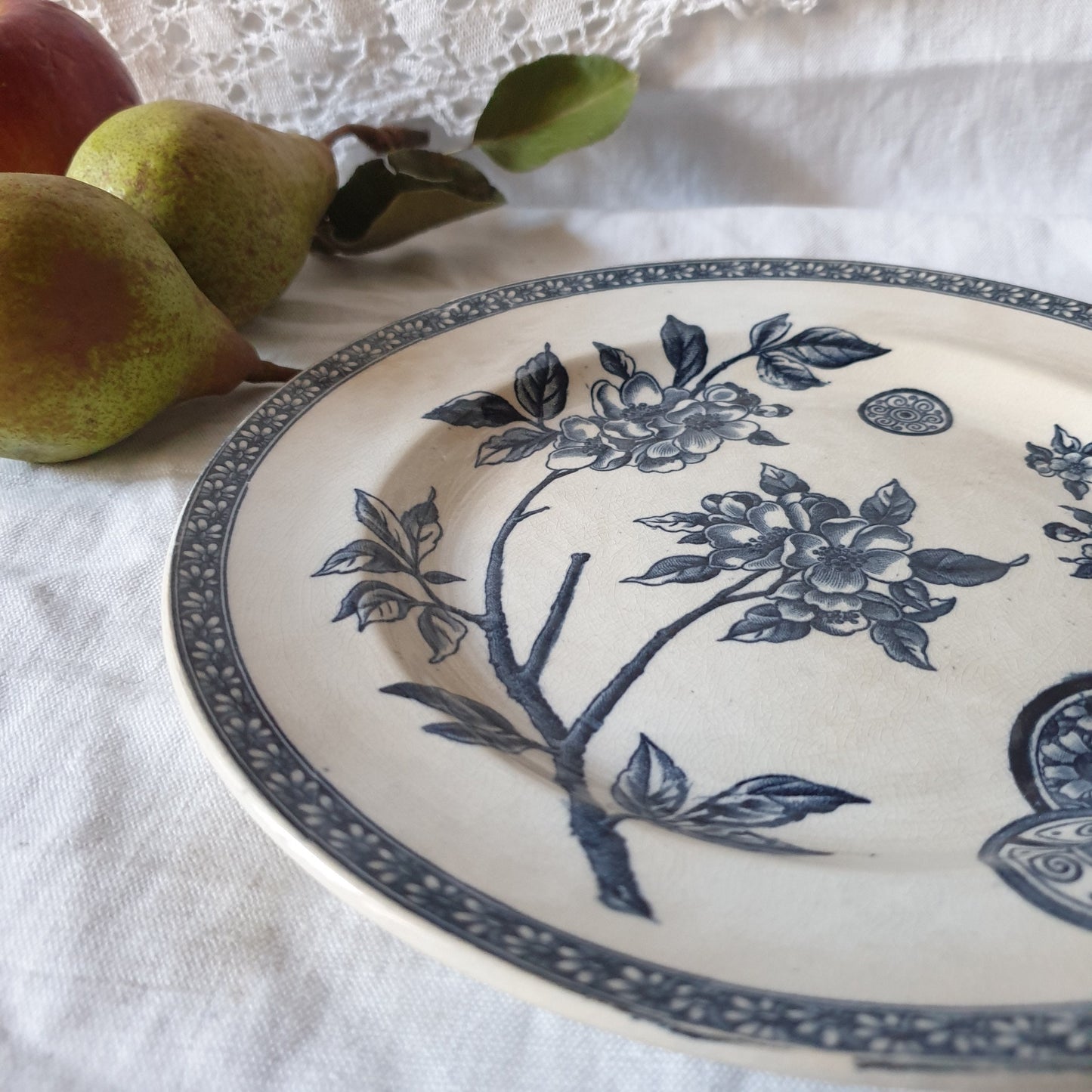 Antique French Ironstone Plate, Navy Blue Floral Transferware, c1890