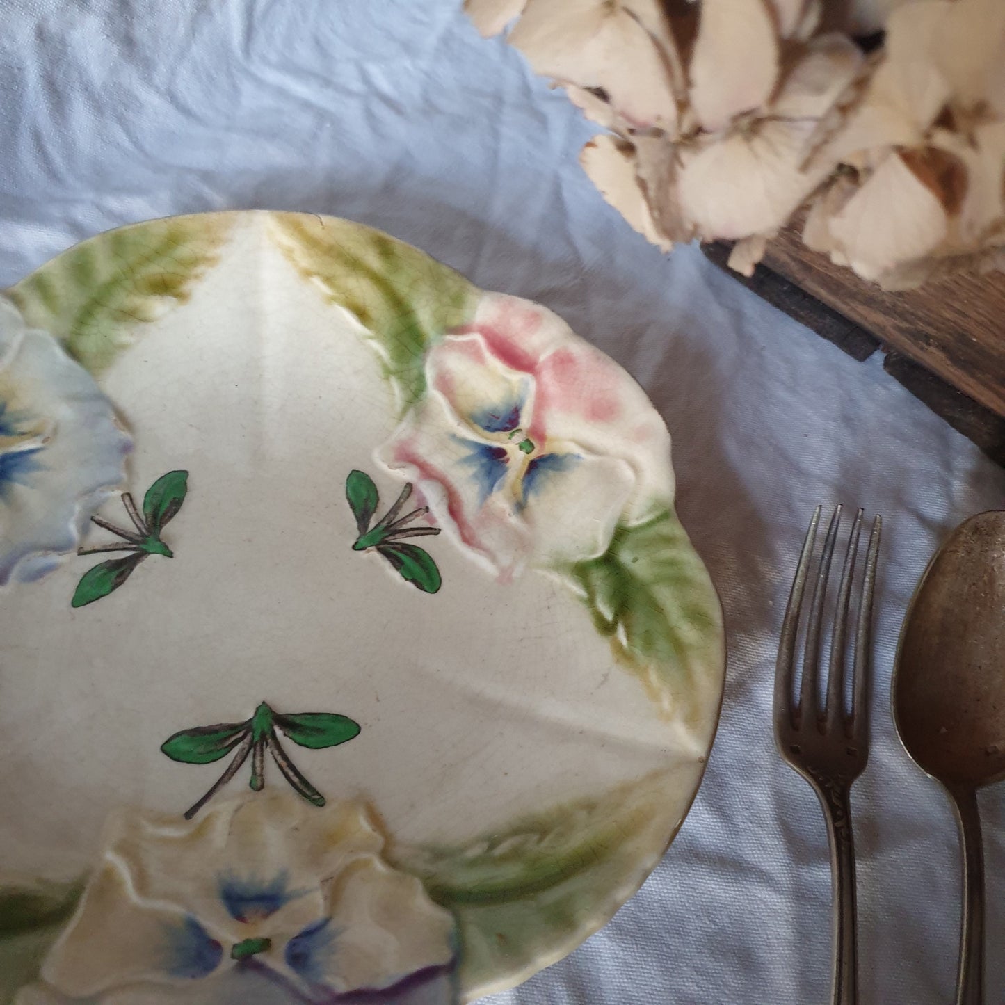 Antique French Majolica Plate, Barbotine Pansy Floral Design, Choisy-le-Roi
