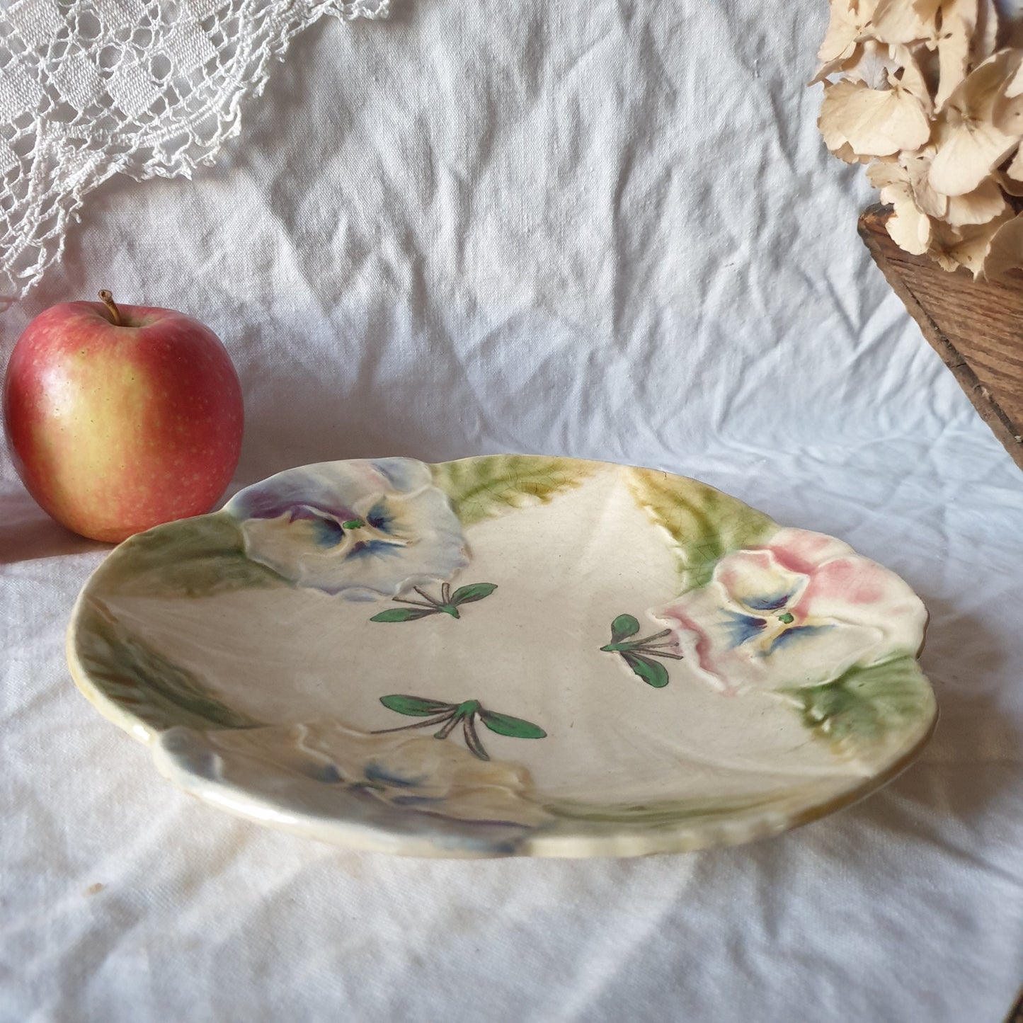 Antique French Majolica Plate, Barbotine Pansy Floral Design, Choisy-le-Roi