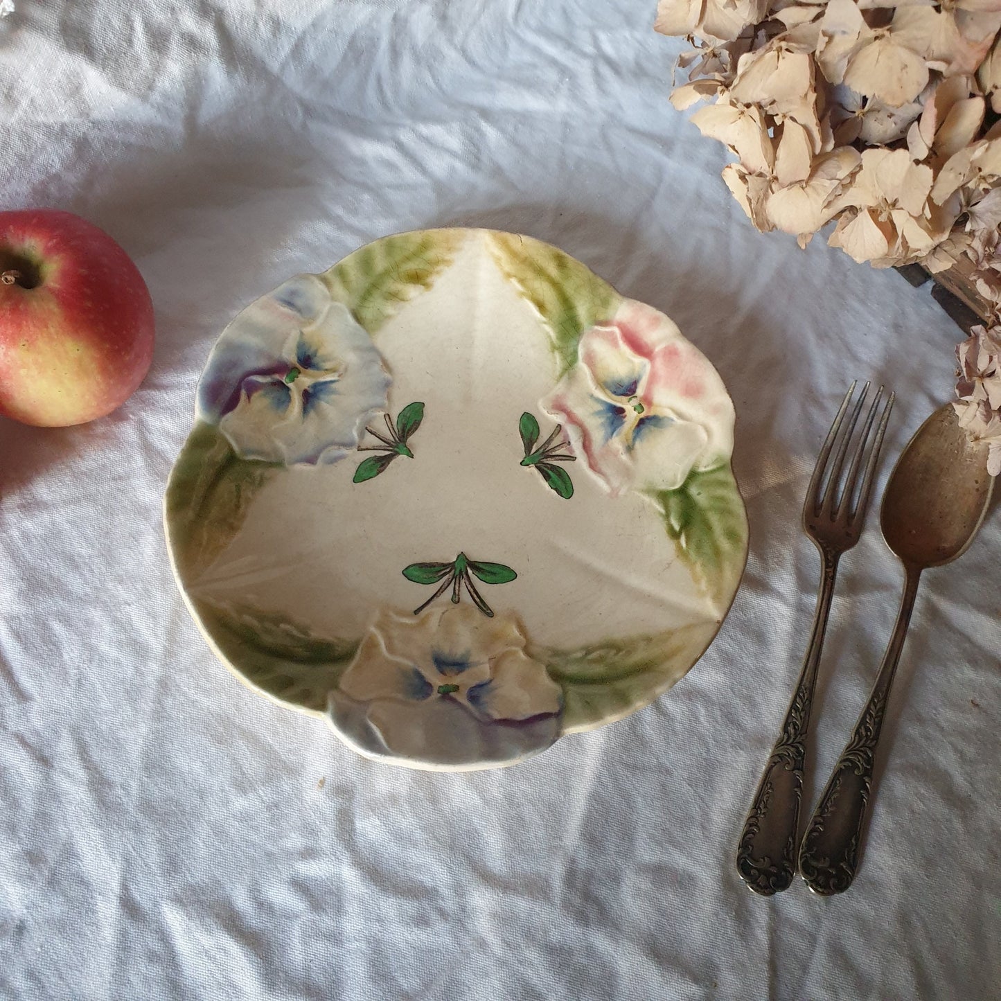 Antique French Majolica Plate, Barbotine Pansy Floral Design, Choisy-le-Roi