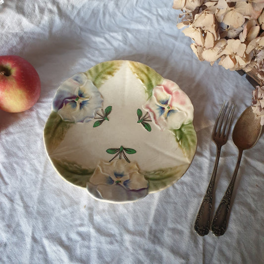 Antique French Majolica Plate, Barbotine Pansy Floral Design, Choisy-le-Roi