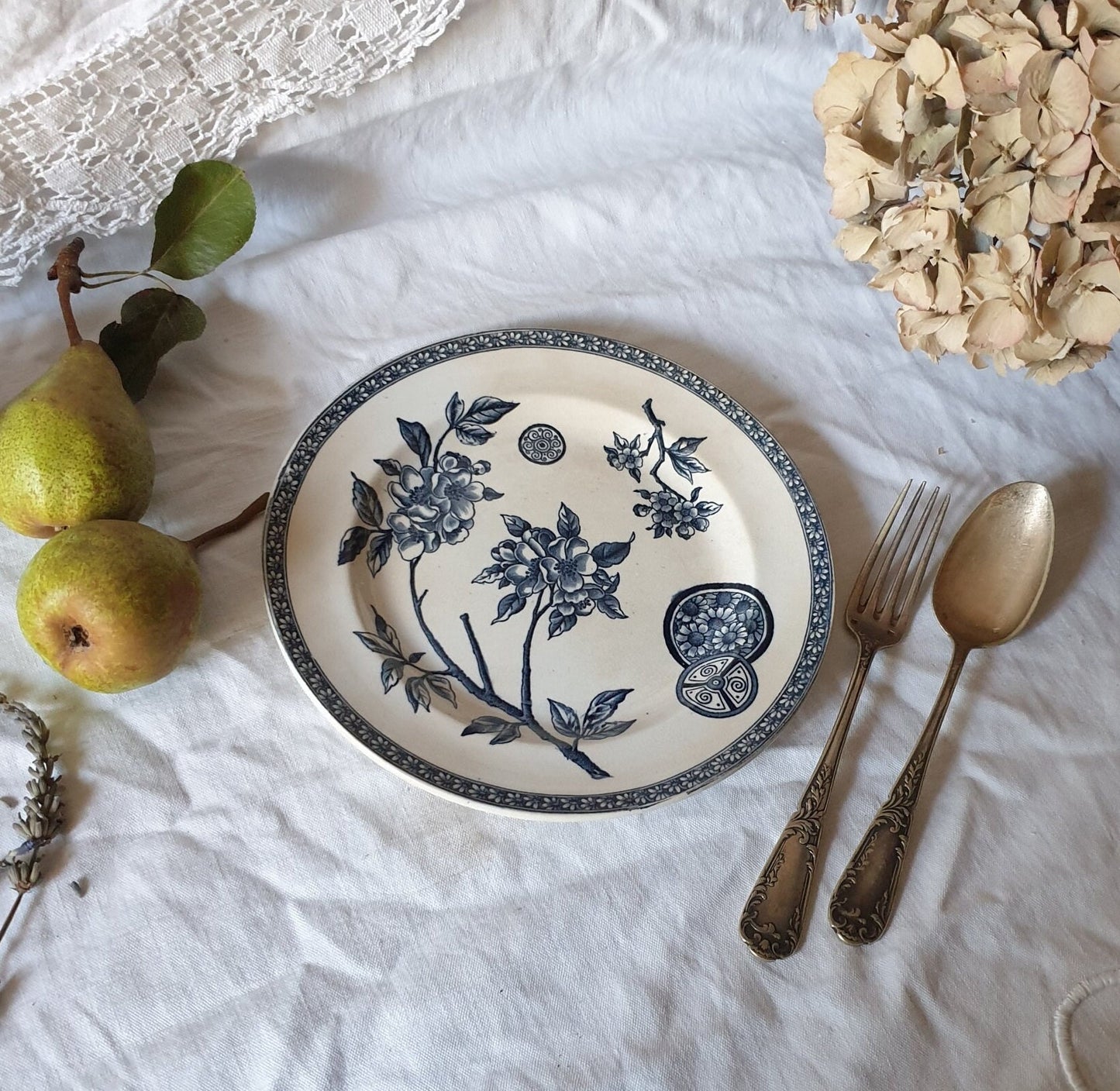 Antique French Ironstone Plate, Navy Blue Floral Transferware, c1890
